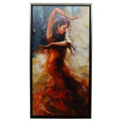 Mid-Century Modern Framed Acrylic Painting Signed Flamenco Dancer Woman Red