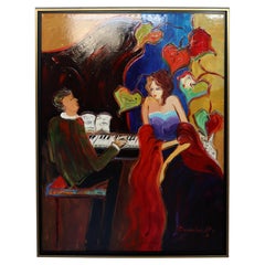 Mid-Century Modern Framed Acrylic Painting Signed Sanmier Woman Musician Piano