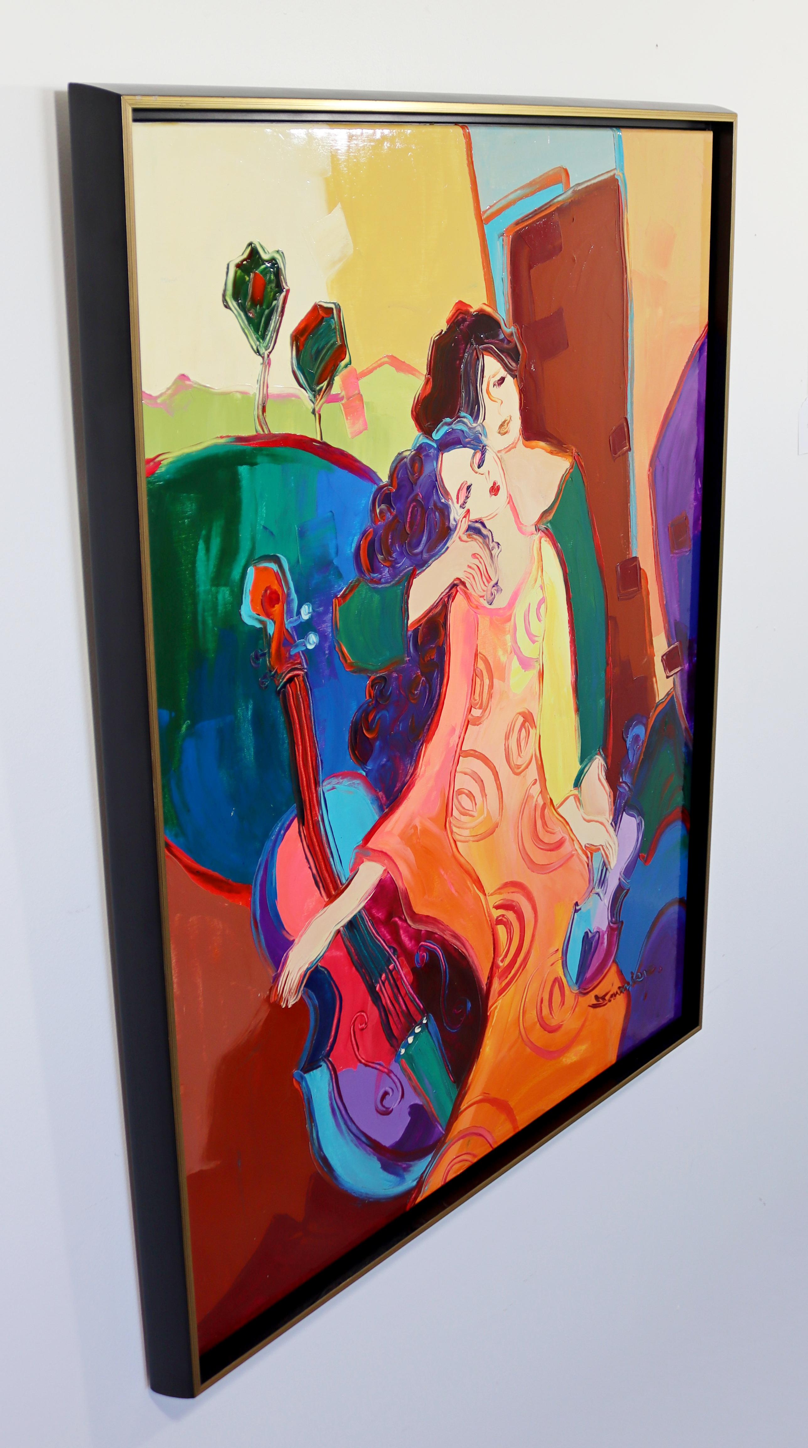 Mid-Century Modern Framed Acrylic Painting Signed Sanmier Women Musicians Cello In Good Condition In Keego Harbor, MI