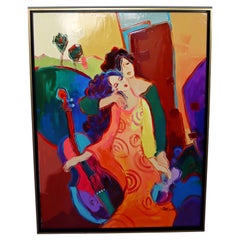 Mid-Century Modern Framed Acrylic Painting Signed Sanmier Women Musicians Cello