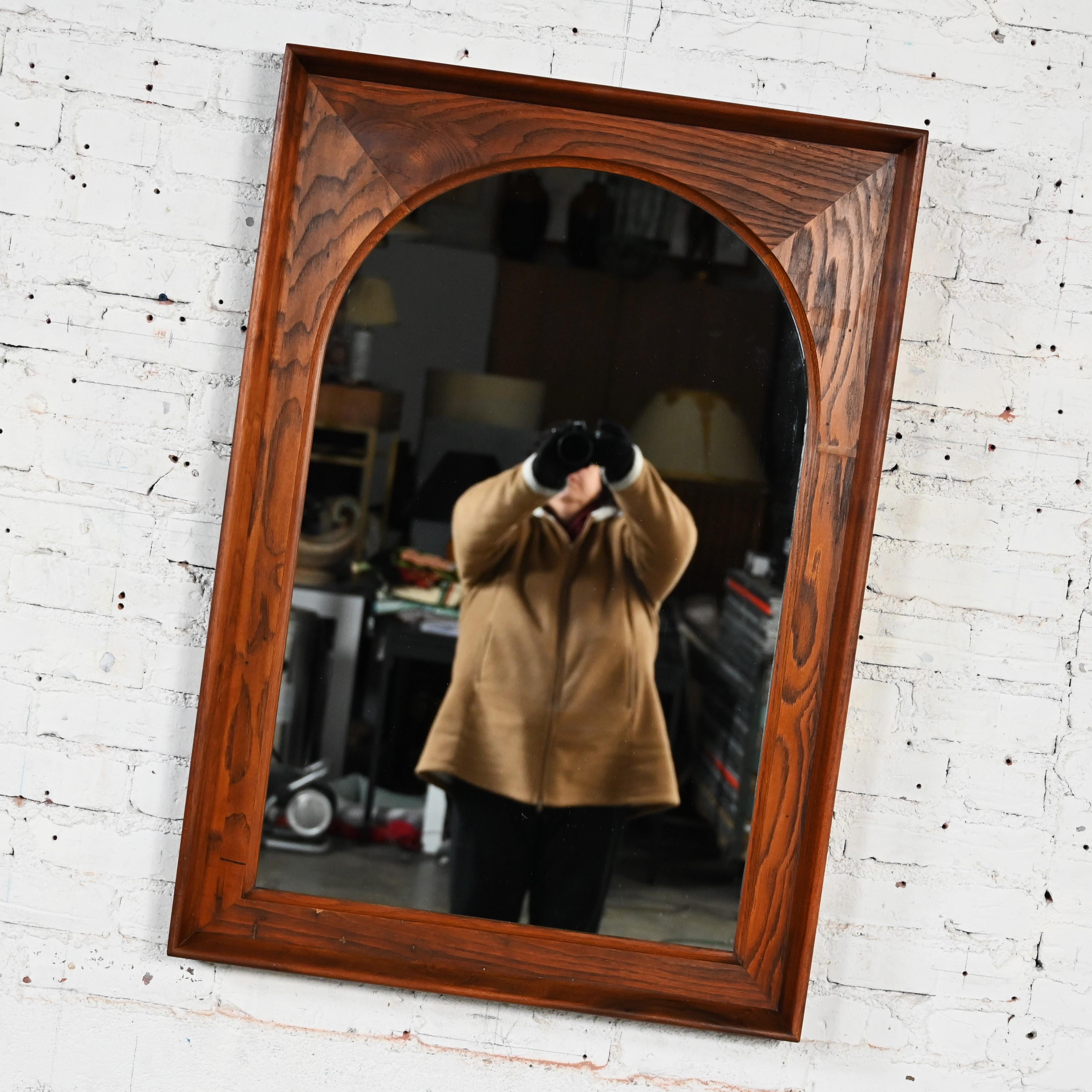 American Mid Century Modern Framed Arch Mirror by Dillingham Pecky Cypress Walnut Trim For Sale