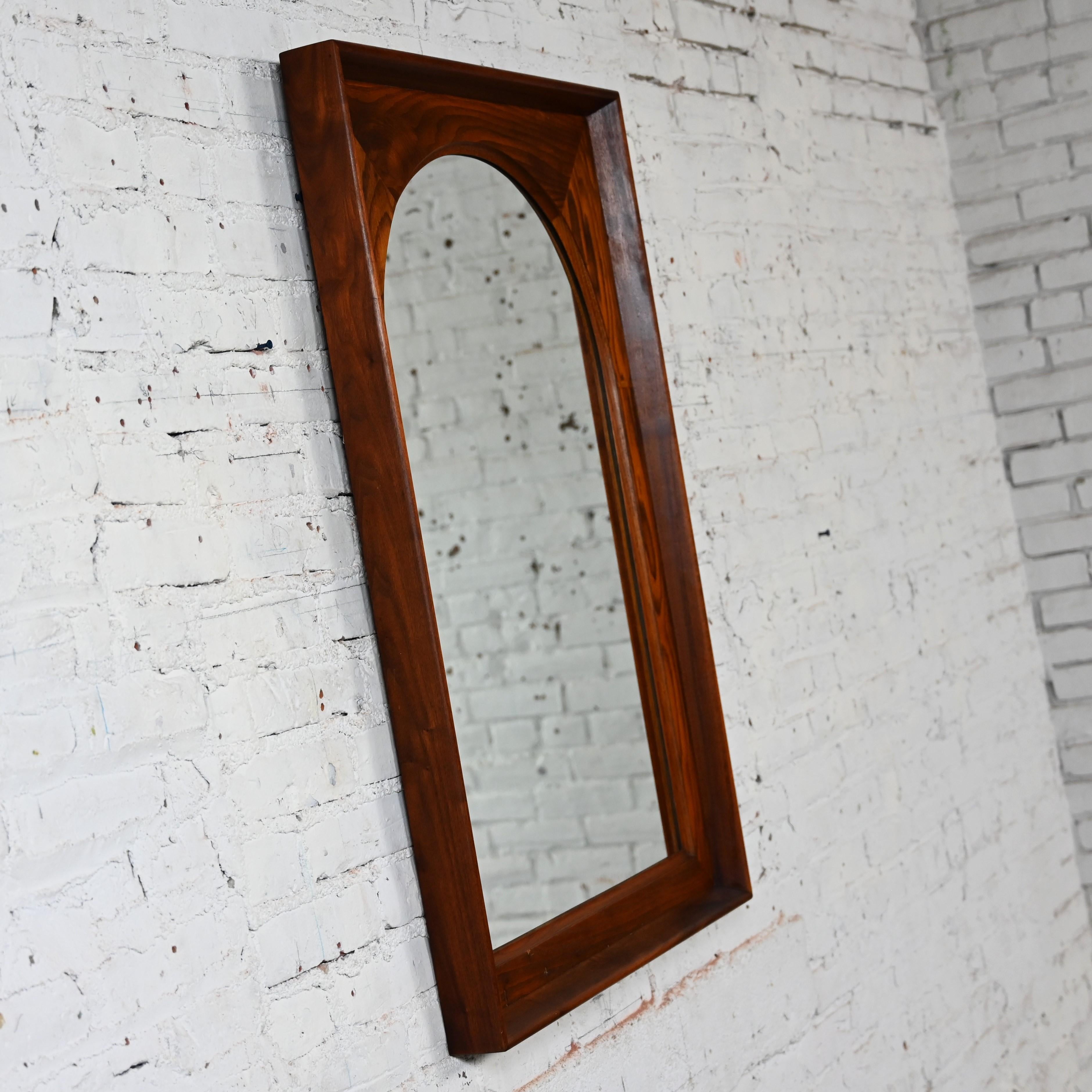 Mid Century Modern Framed Arch Mirror by Dillingham Pecky Cypress Walnut Trim For Sale 1
