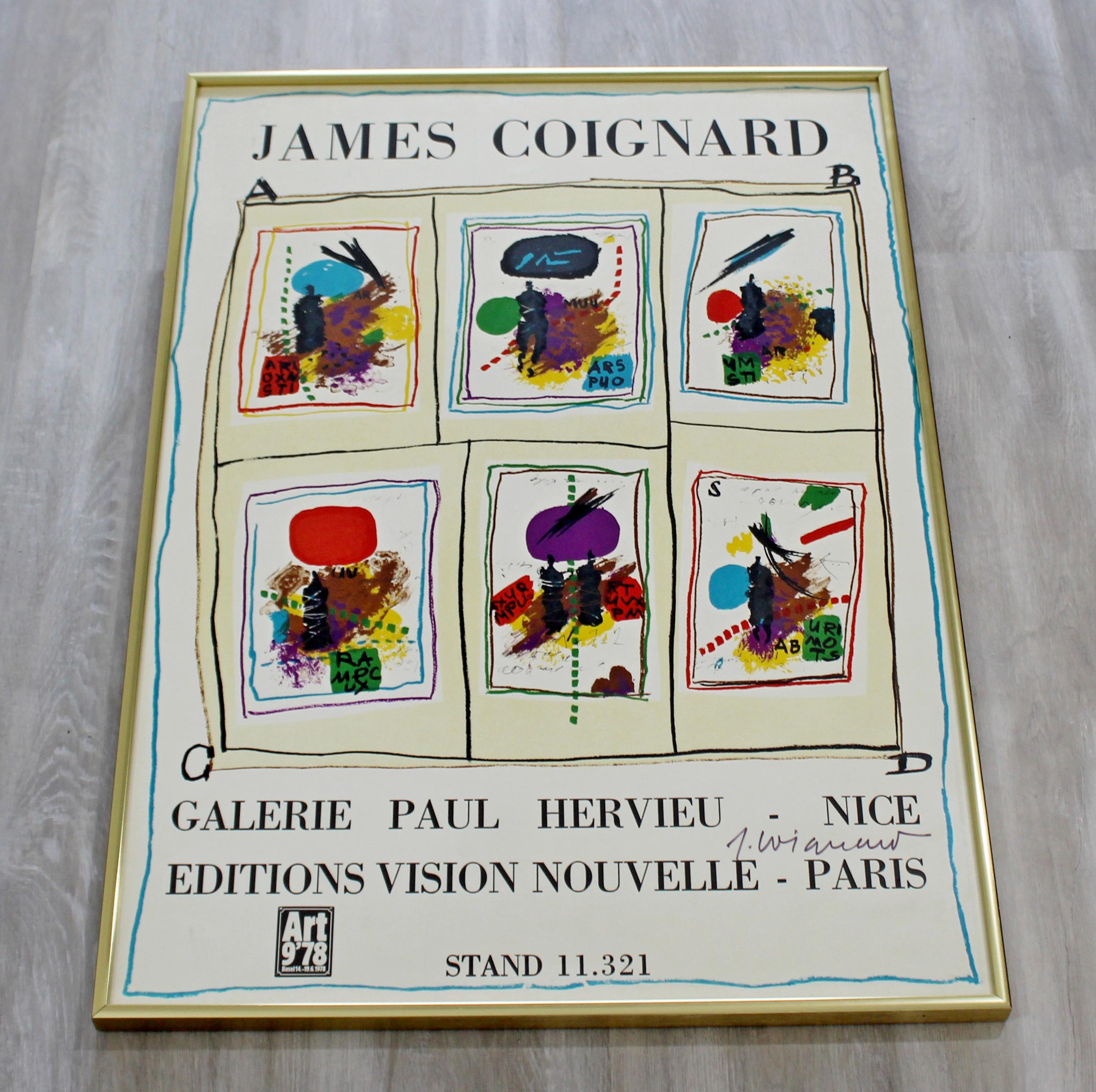 For your consideration is a framed poster, signed by James Coignard, circa 1978. In excellent condition. The dimensions are 20