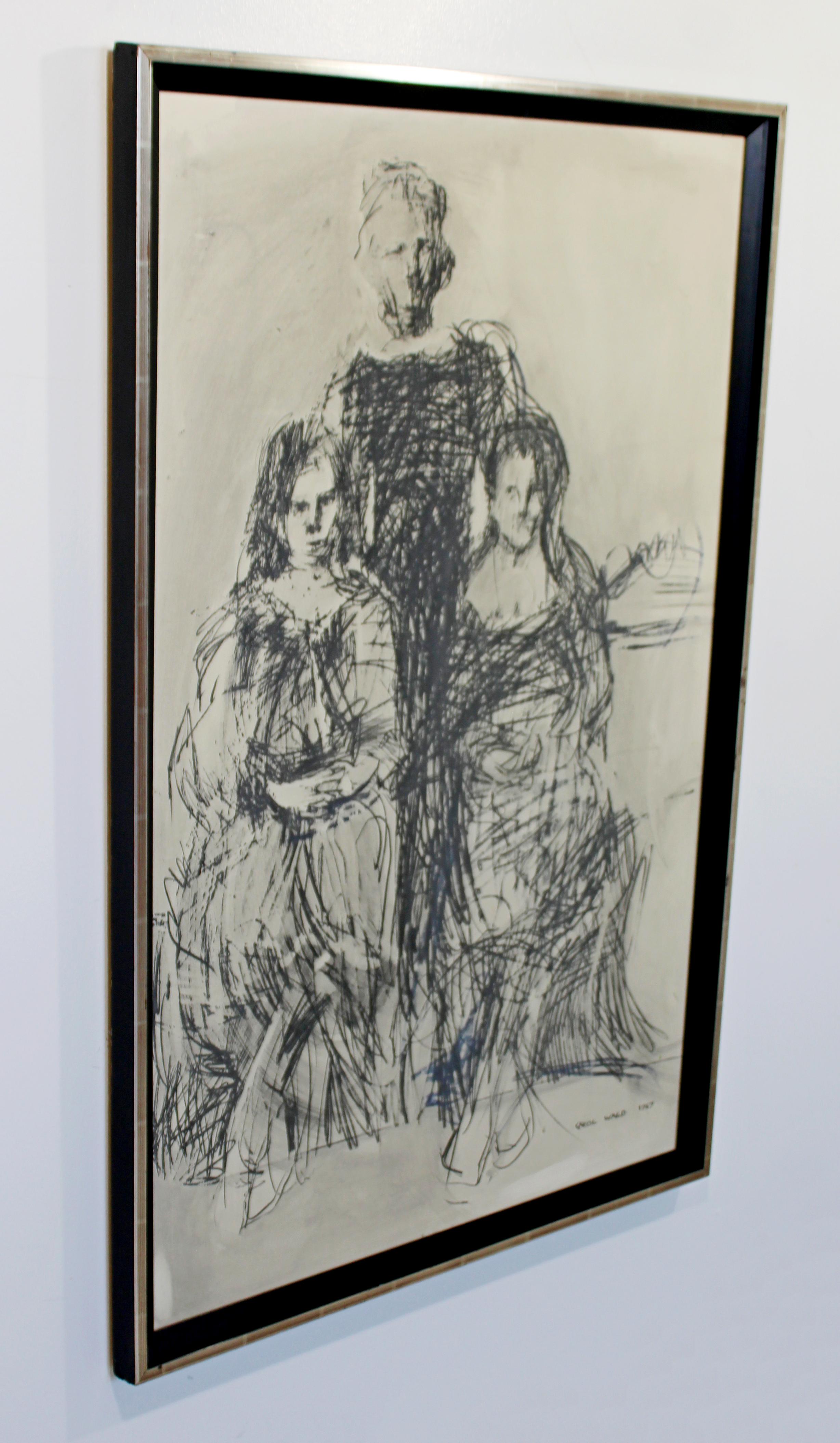 For your consideration is a striking, framed original drawing down in charcoal, signed by Carol Wald, dated 1967. In excellent condition. The dimensions are 28.25