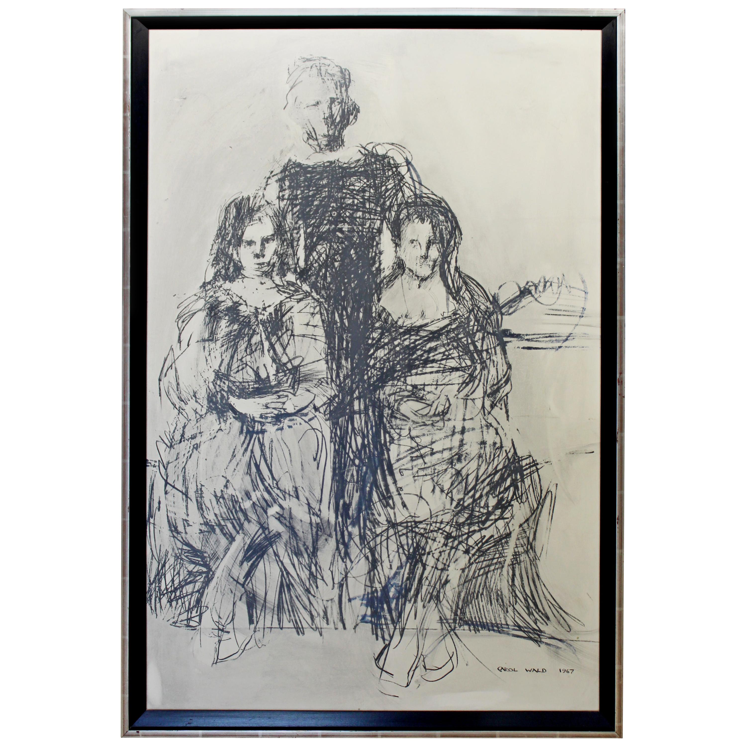 Mid-Century Modern Framed Charcoal Drawing Signed Carol Wald, 1967 Portrait