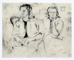 Mid-Century Modern Framed Charcoal Drawing Signed Larry Rivers Couple of Women