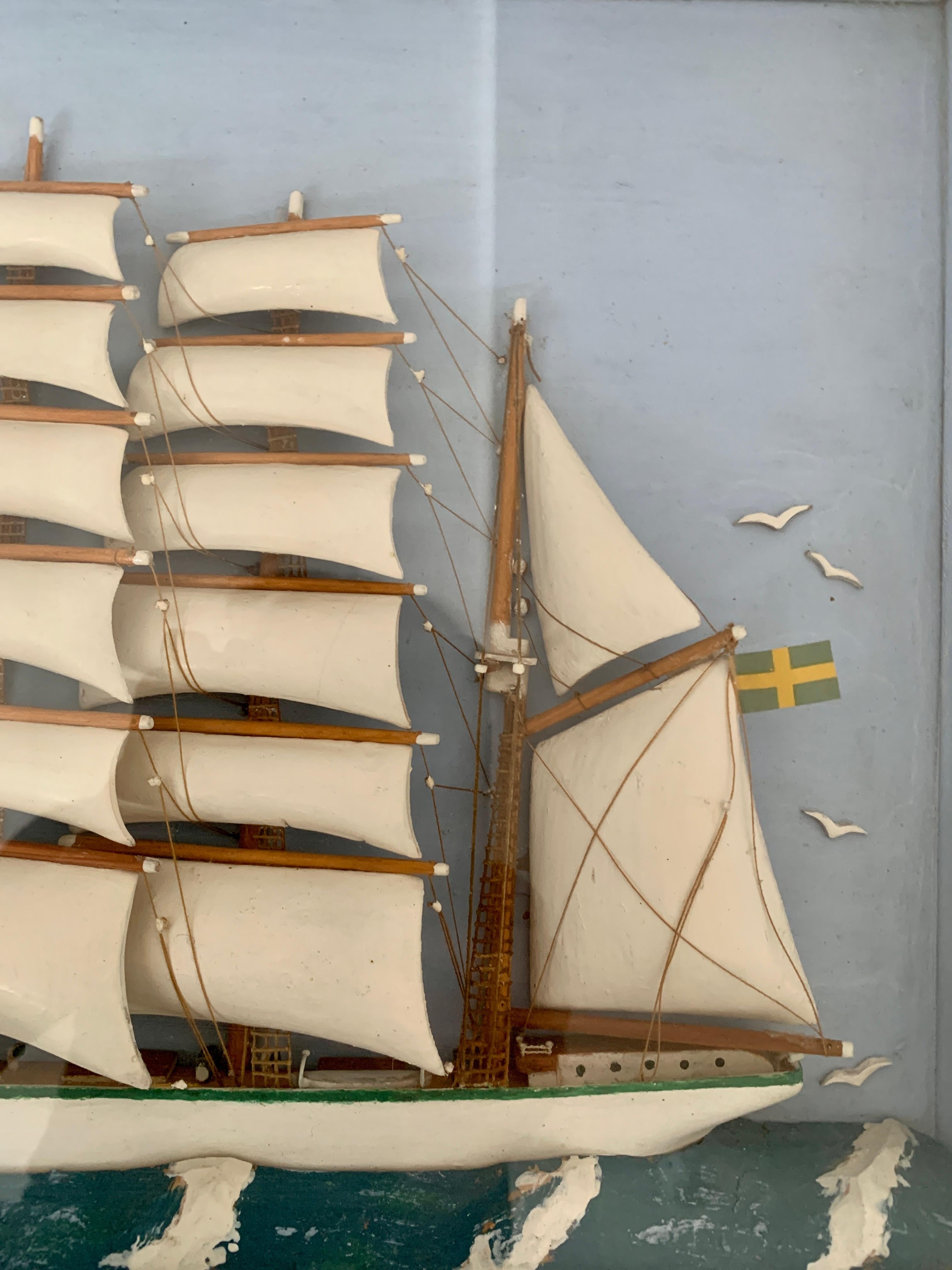 Folk Art Mid-Century Modern Framed Diorama of Swedish Ship Condor