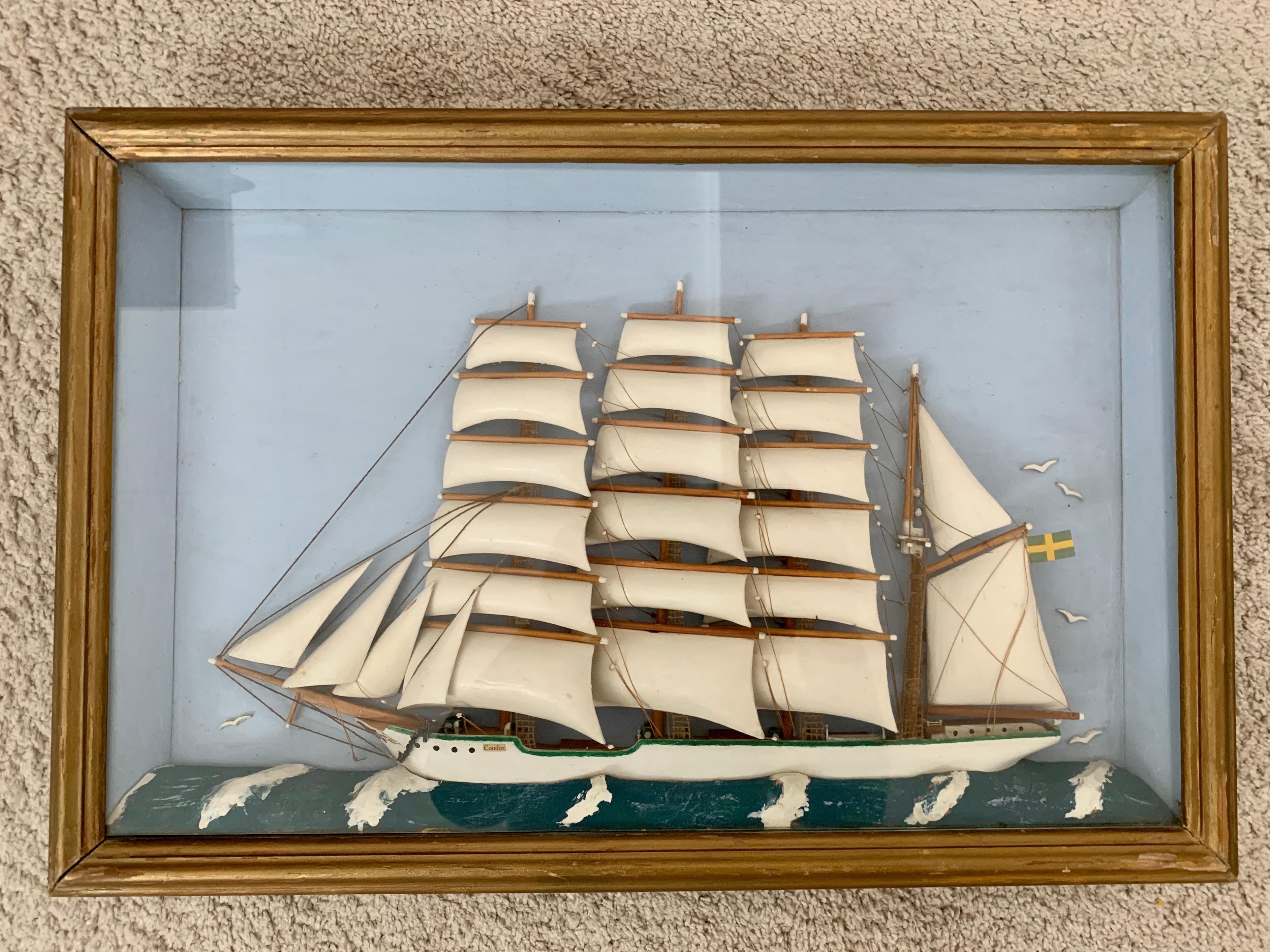Mid-Century Modern Framed Diorama of Swedish Ship Condor 2