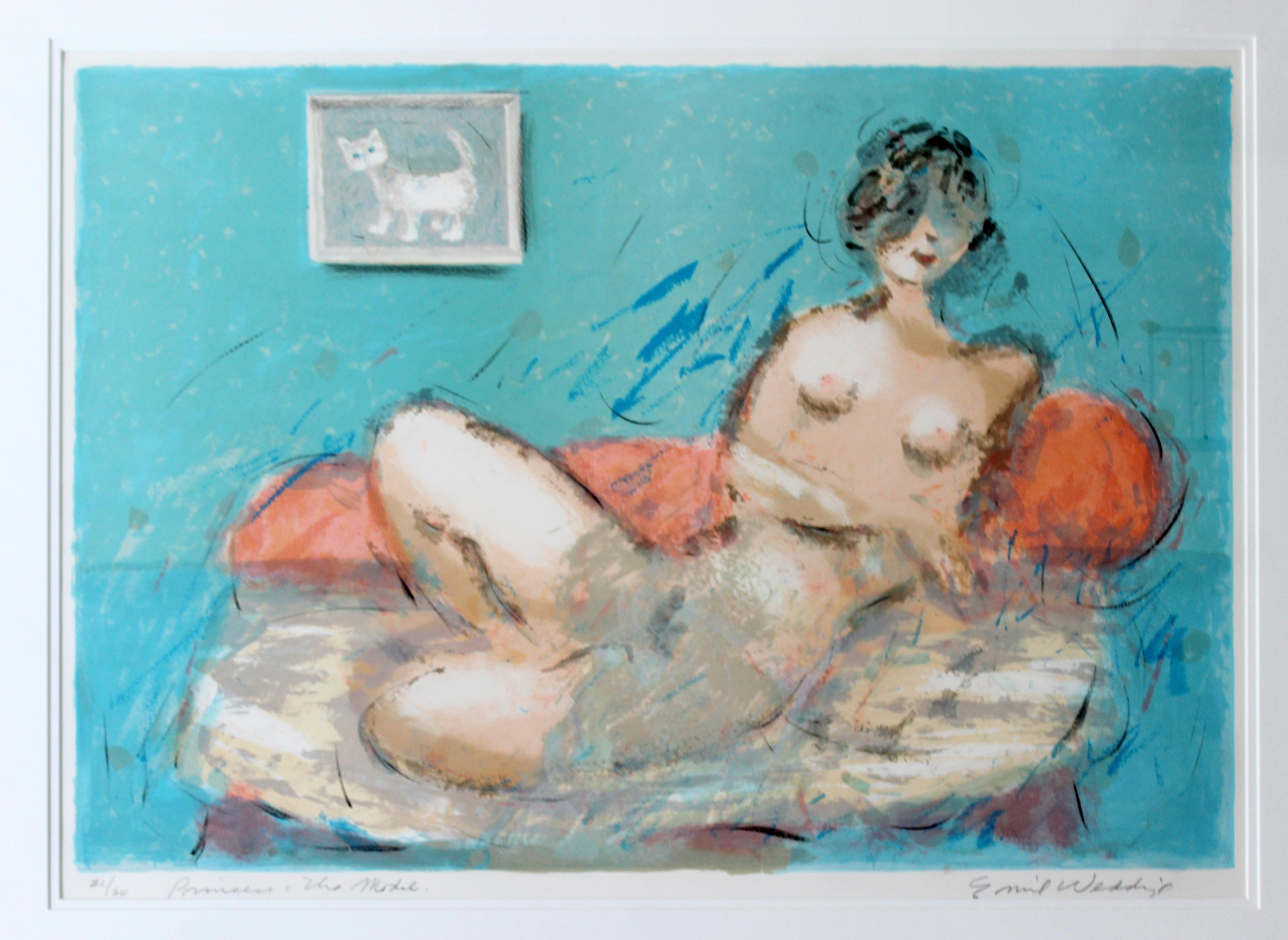For your consideration is a framed lithograph of a reclining nude, signed by Eddie Weddige, numbered 21/60. In excellent condition. The dimensions of the frame are 36