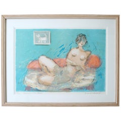 Retro Mid-Century Modern Framed Emil Weddige Signed Lithograph of Reclining Nude 21/60