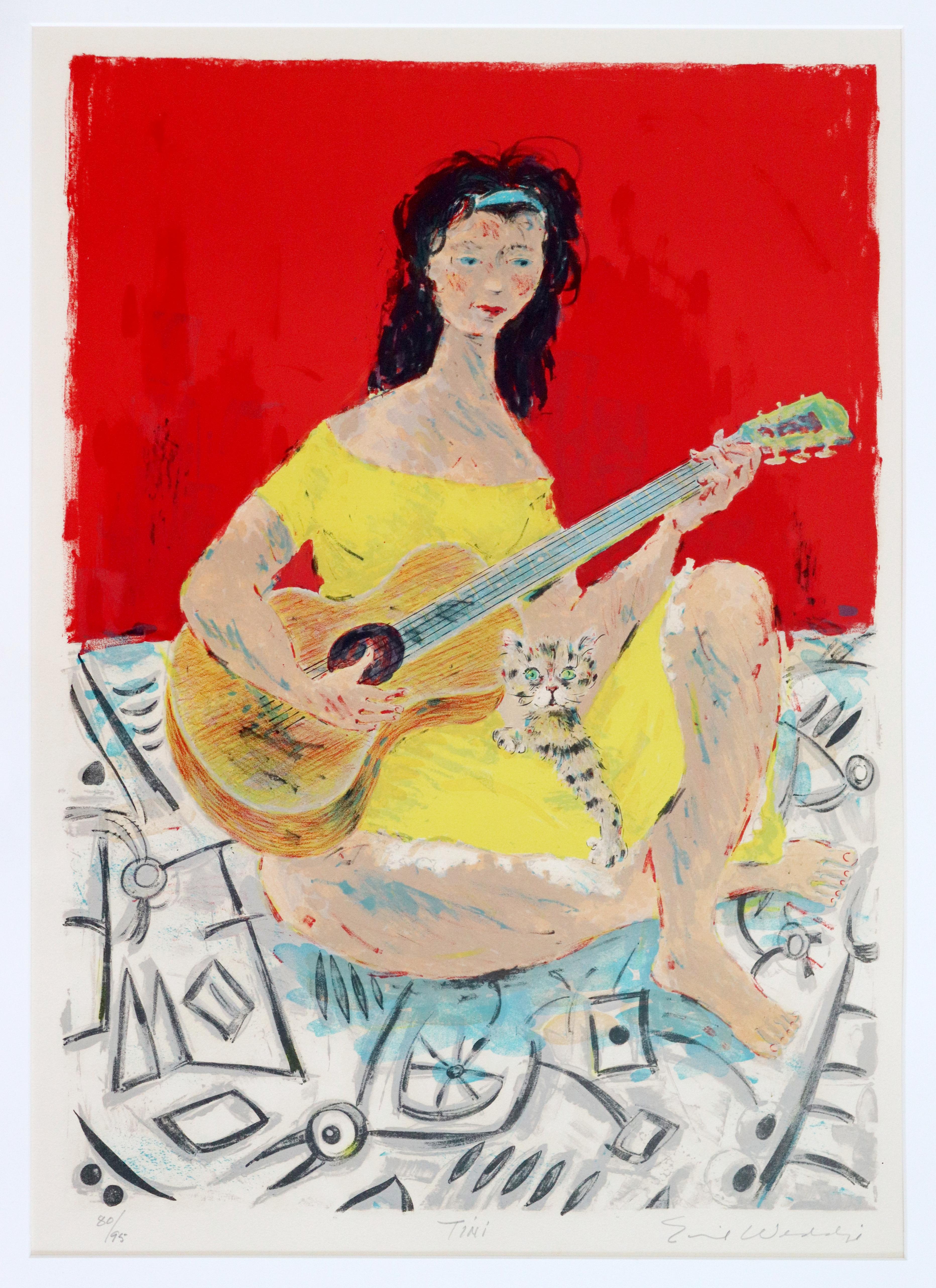 For your consideration is a framed lithograph of a woman playing the guitar with a cat, signed by Eddie Weddige, numbered 80/95. Piece is in excellent condition, but the matte has water damage. The dimensions of the frame are 25