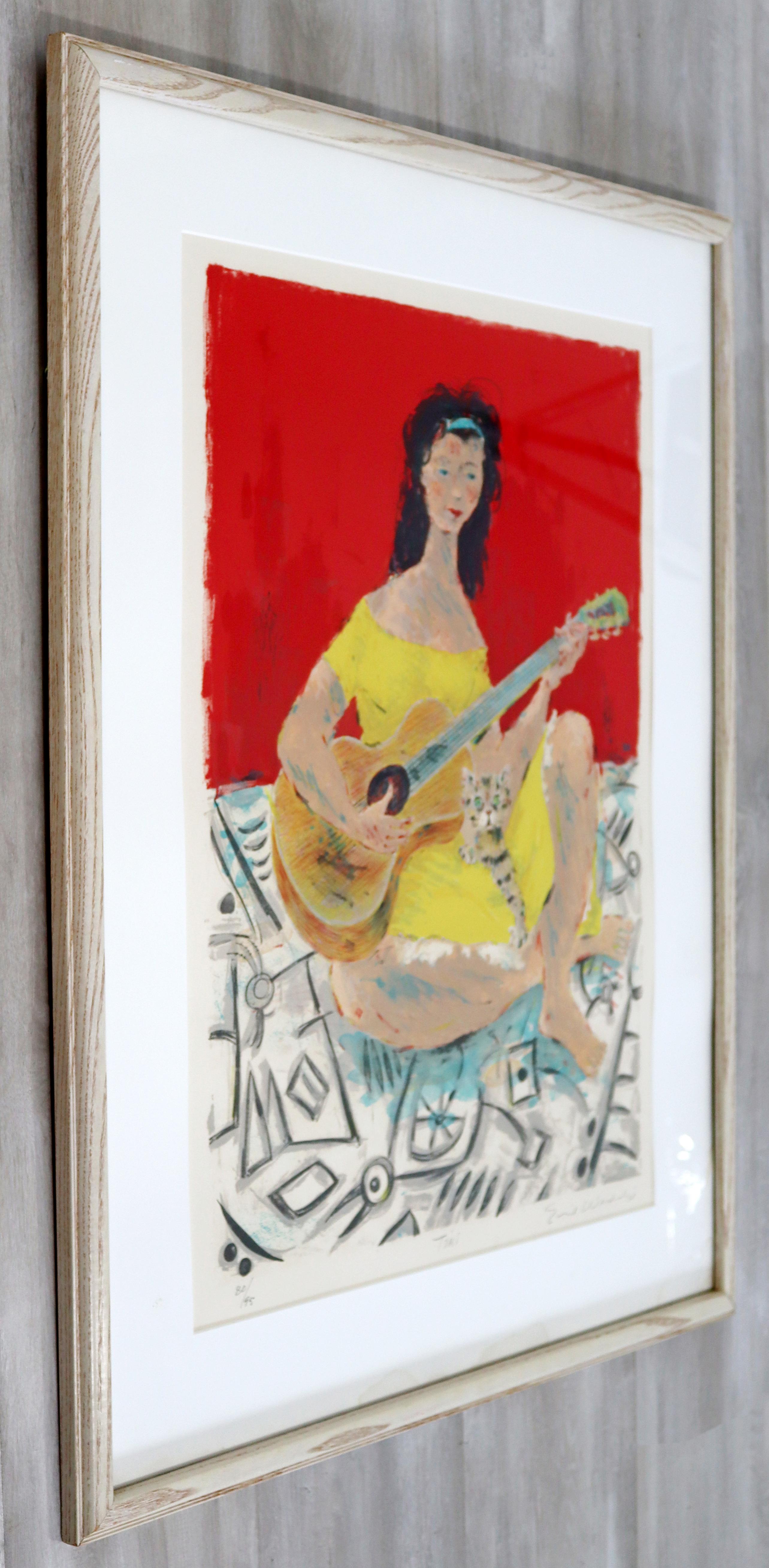Mid-Century Modern Framed Emil Weddige Signed Lithograph Woman Cat Guitar 80/95 In Good Condition In Keego Harbor, MI