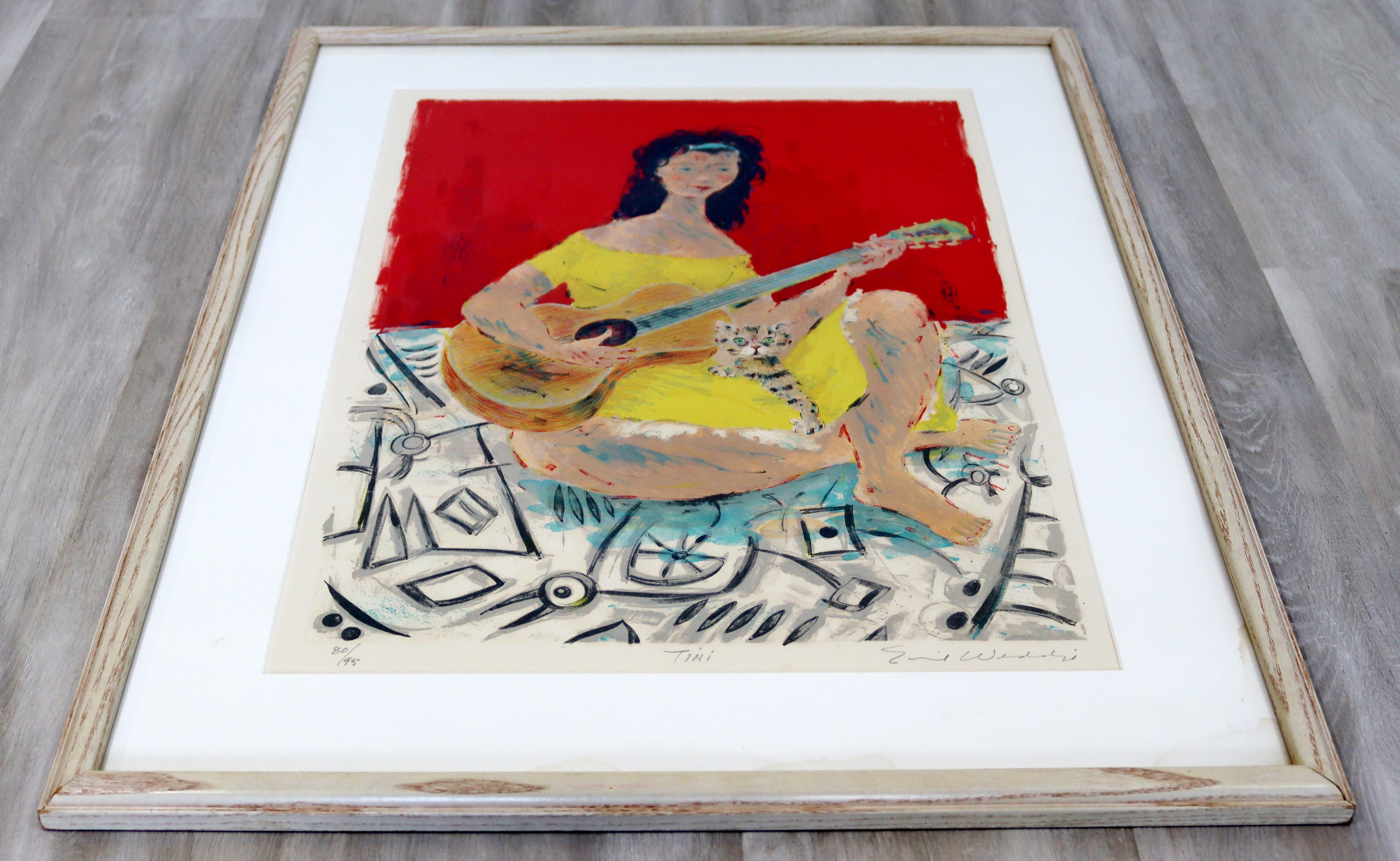 20th Century Mid-Century Modern Framed Emil Weddige Signed Lithograph Woman Cat Guitar 80/95