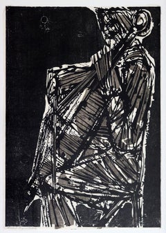 Mid-Century Modern Framed Eugene Tarhiro Cellist Signed Mezzotint Etching