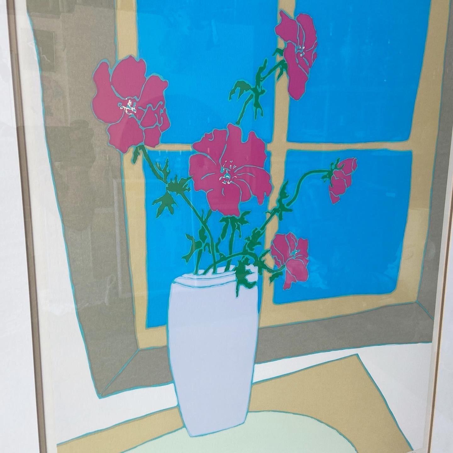 Exceptional signed print from 1981, 163/225. Features a bouquet of pink flowers in front of a blue window.
 
