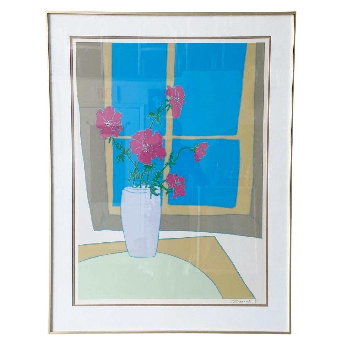Mid Century Modern Framed Flowers in the Window Signed Print 164/225 For Sale