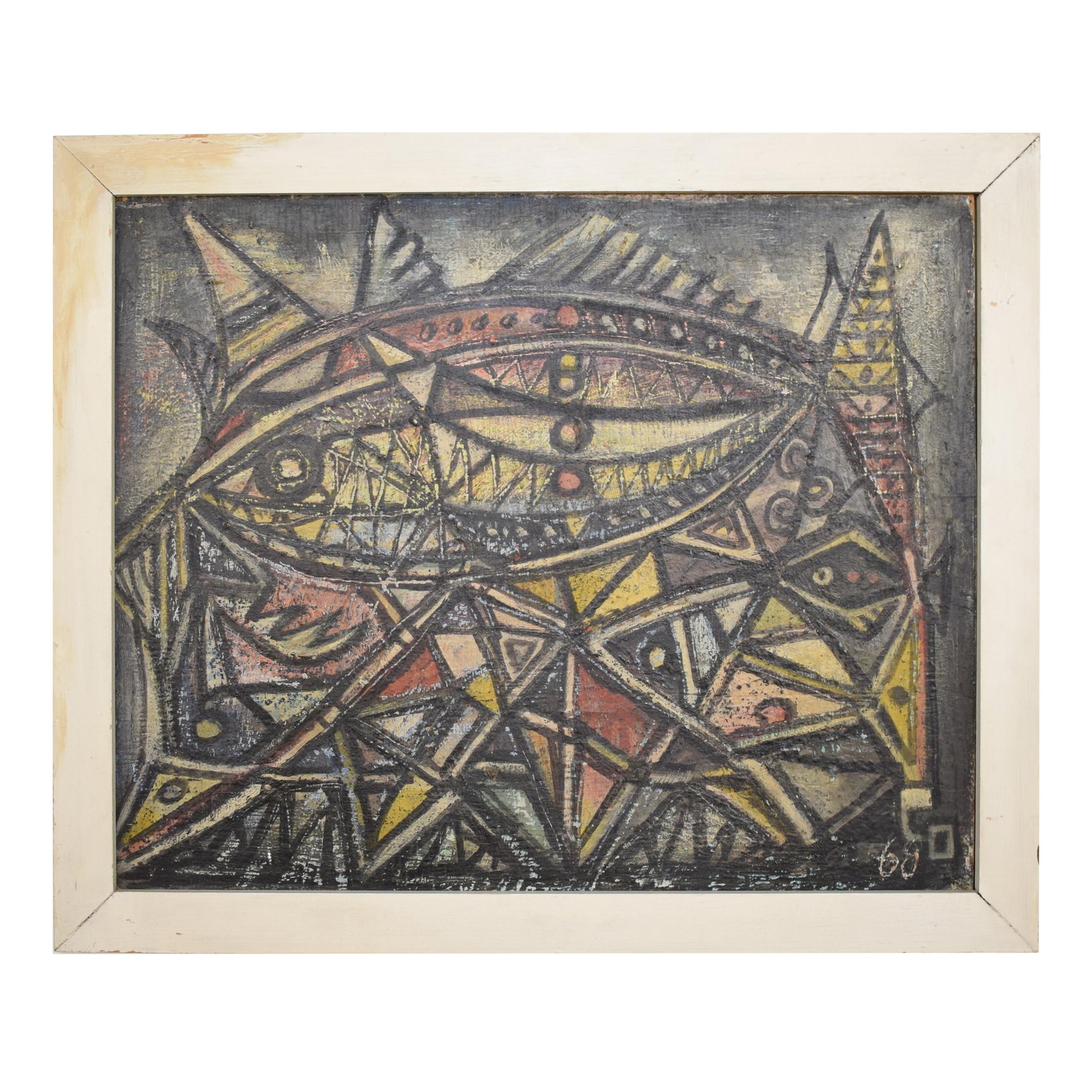 Mid-Century Modern Framed German Abstract Painting Acryl on Wood, circa 1960 For Sale