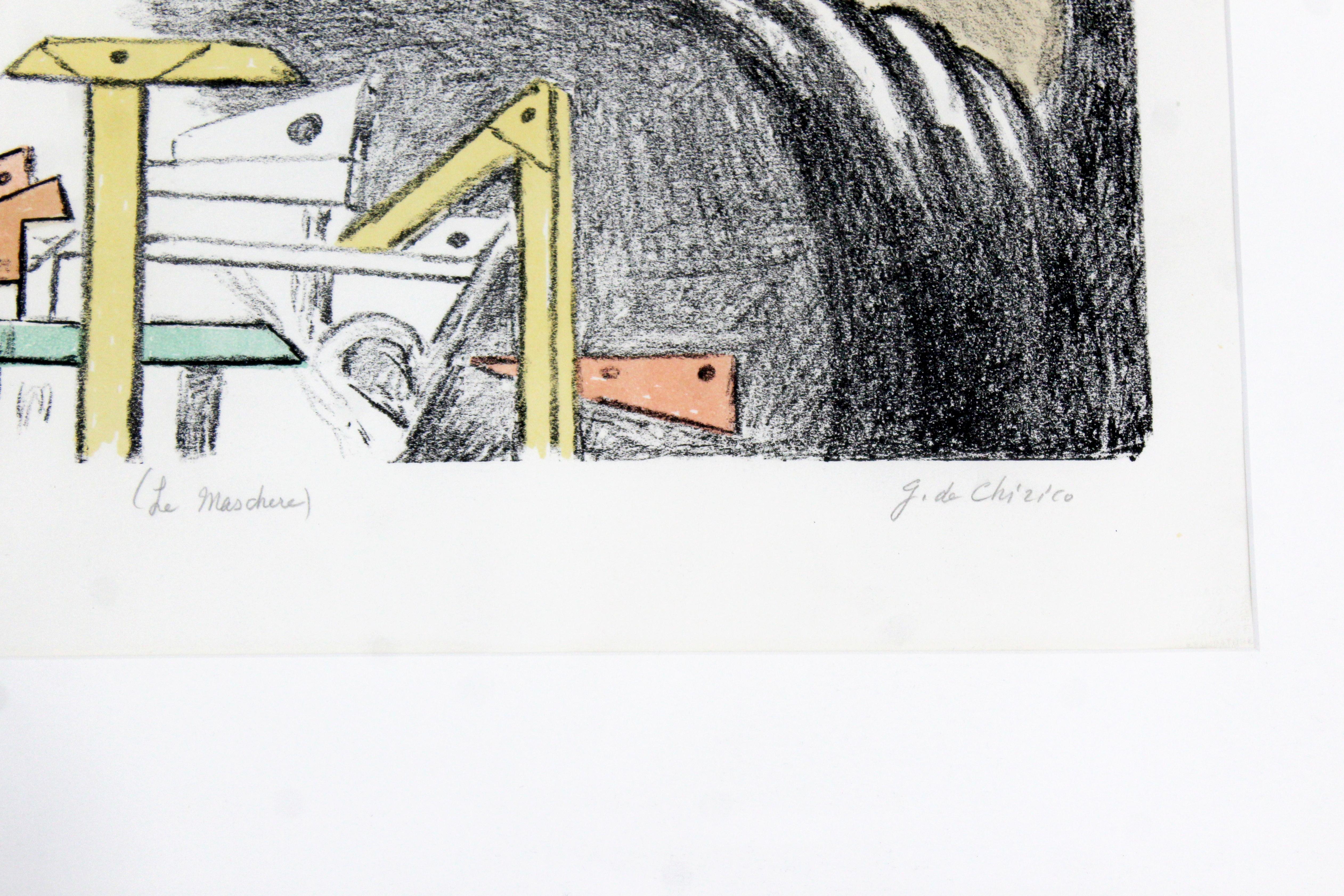 Paper Mid-Century Modern Framed Giorgio De Chirico Signed Le Maschere Lithograph, 1970