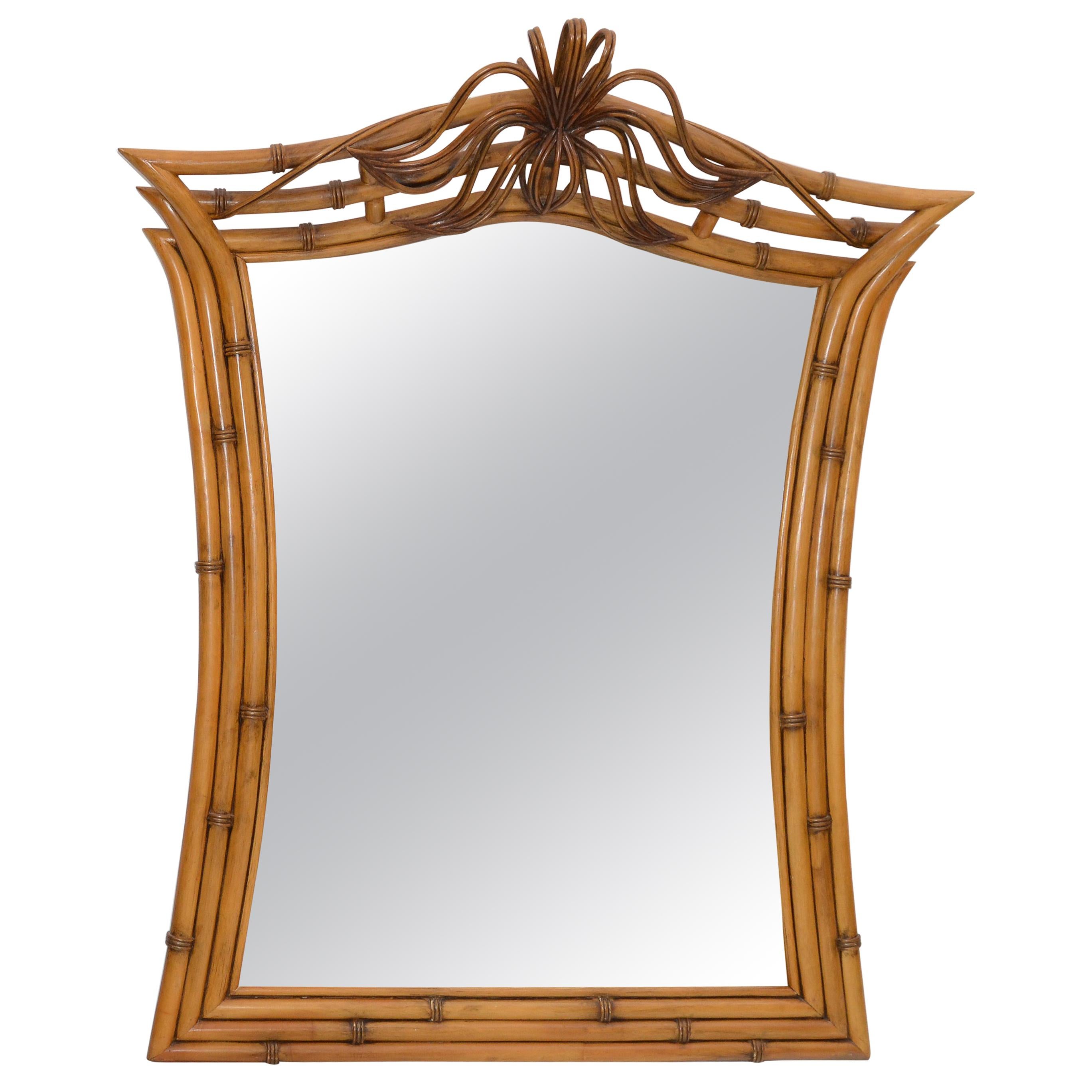 Mid-Century Modern Framed Handcrafted Bamboo, Wood and Wicker Wall Mirror, 1960s For Sale