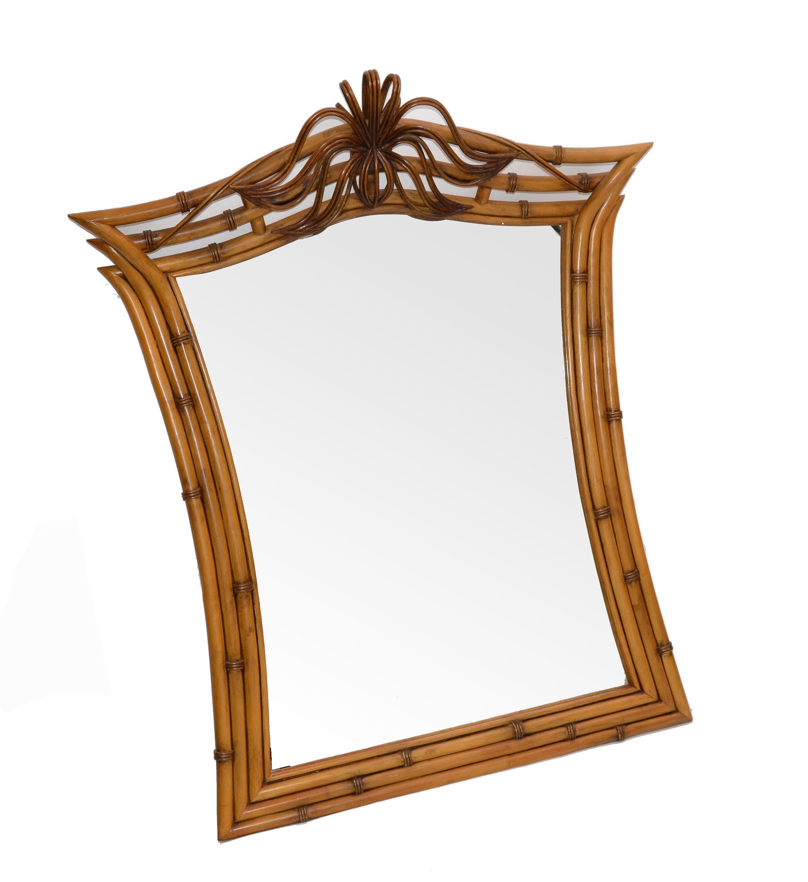 American Mid-Century Modern Framed Handcrafted Bamboo, Wood and Wicker Wall Mirror, 1960s For Sale