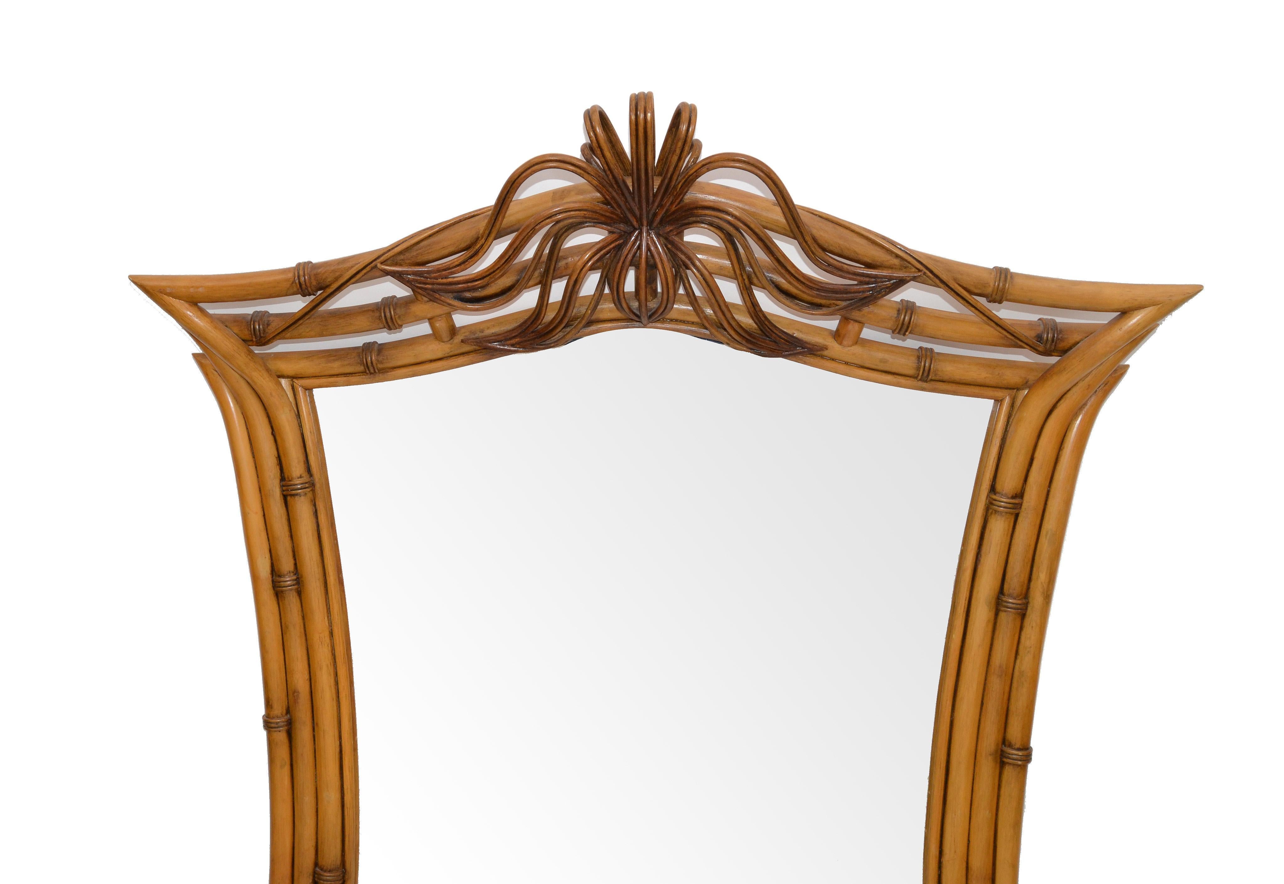Mid-Century Modern Framed Handcrafted Bamboo, Wood and Wicker Wall Mirror, 1960s In Good Condition For Sale In Miami, FL