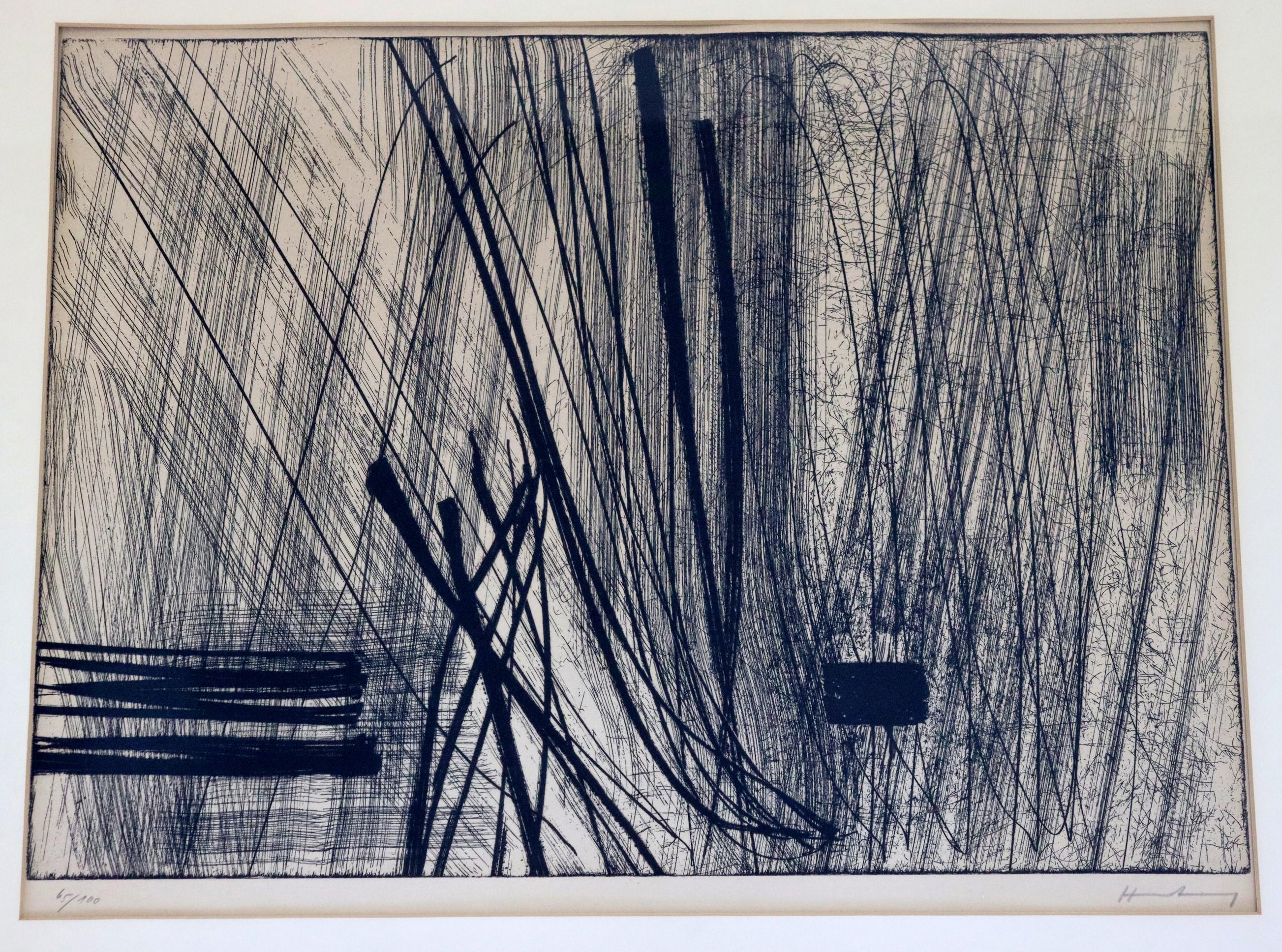 For your consideration is an excellent, framed and hand signed etching, by Hans Hartung, numbered 65/100, circa the 1960s. In excellent vintage condition. The dimensions of the frame are 26.5