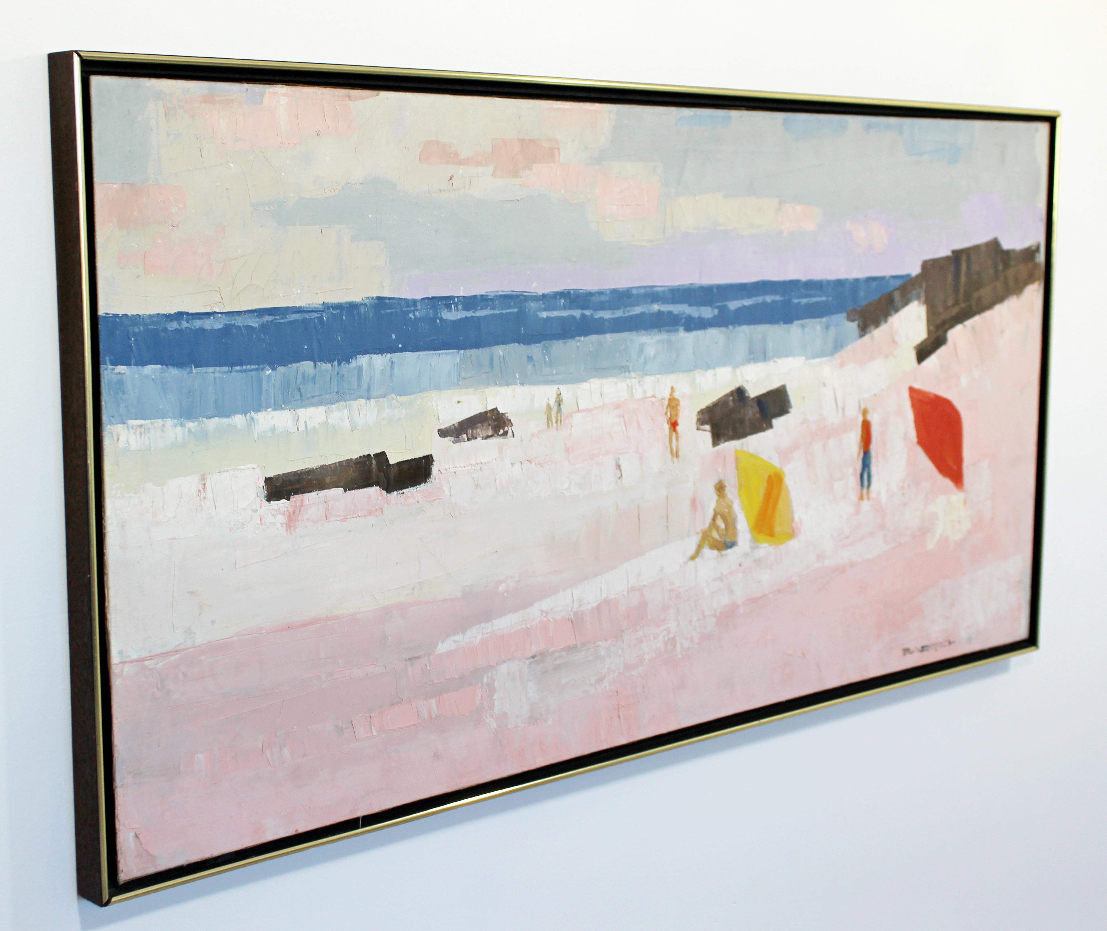 For your consideration is a fun and beachy, framed, oil on canvas painting, signed by W.R. Barrel, circa 1970s. In excellent condition. The dimensions are 49