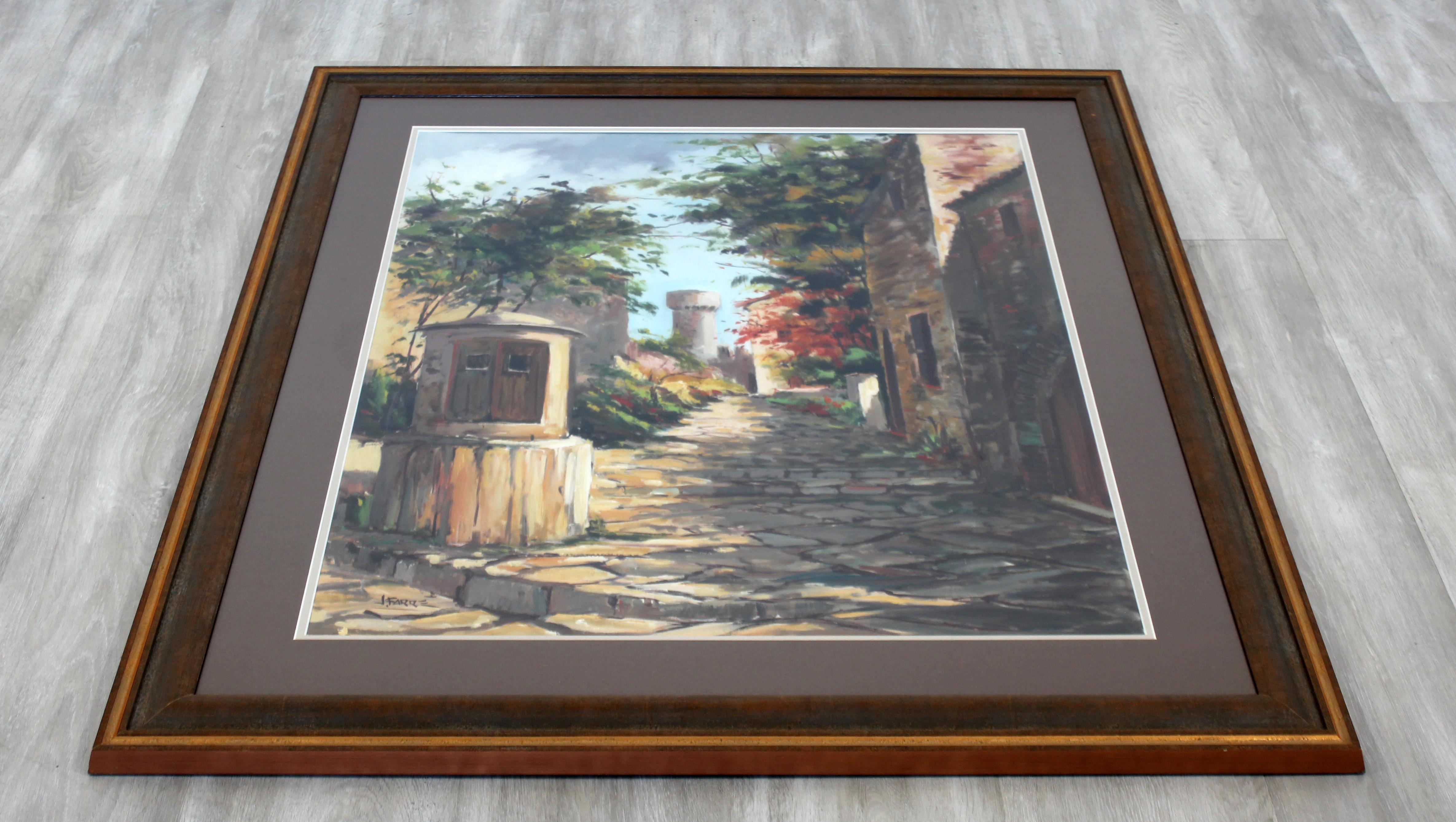 For your consideration is a marvelous, framed, Provincial street scene, painted in acrylic and signed J. Farre. In excellent condition. The dimensions are 35.5