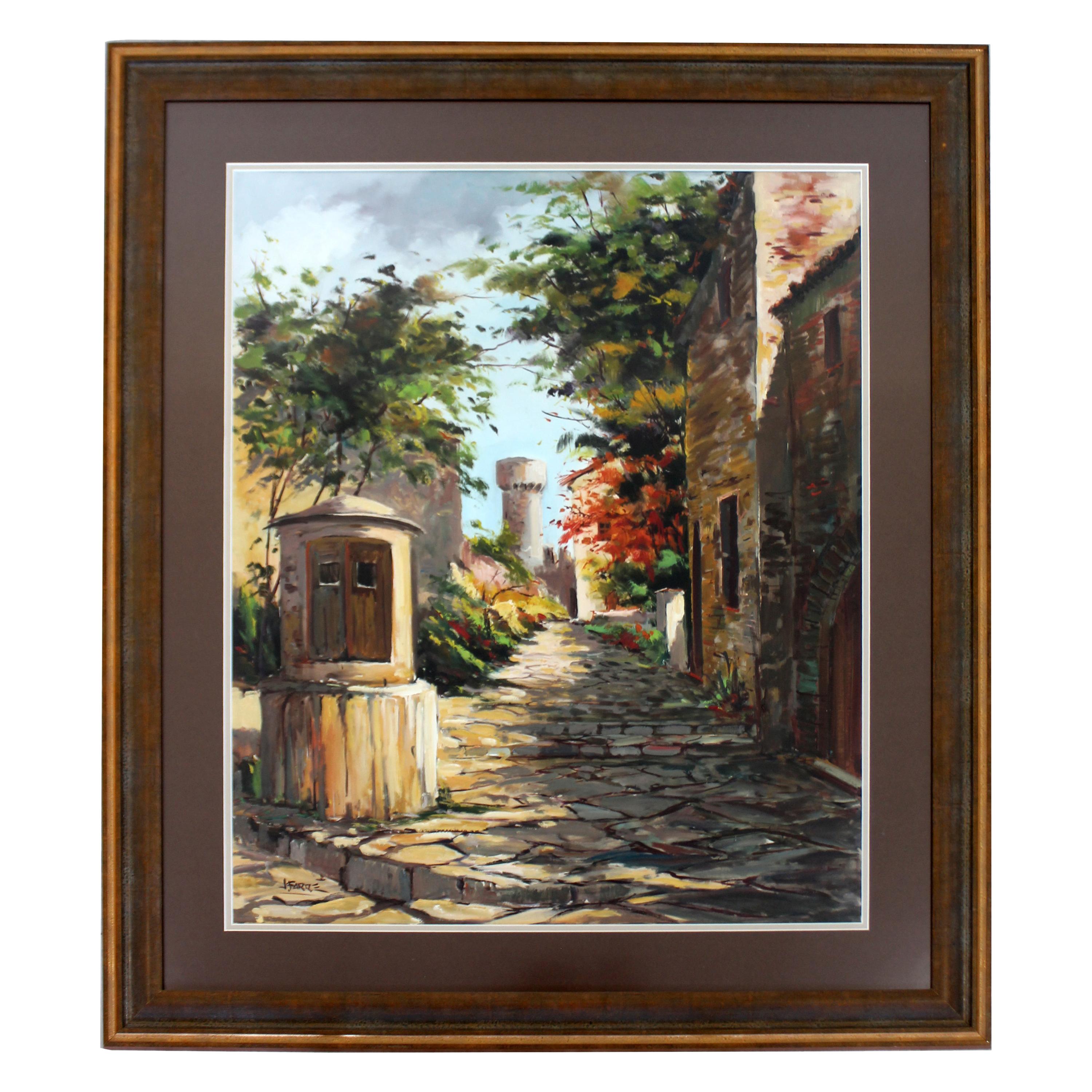 Mid-Century Modern Framed J. Farre Signed Original Acrylic Painting Street Scene