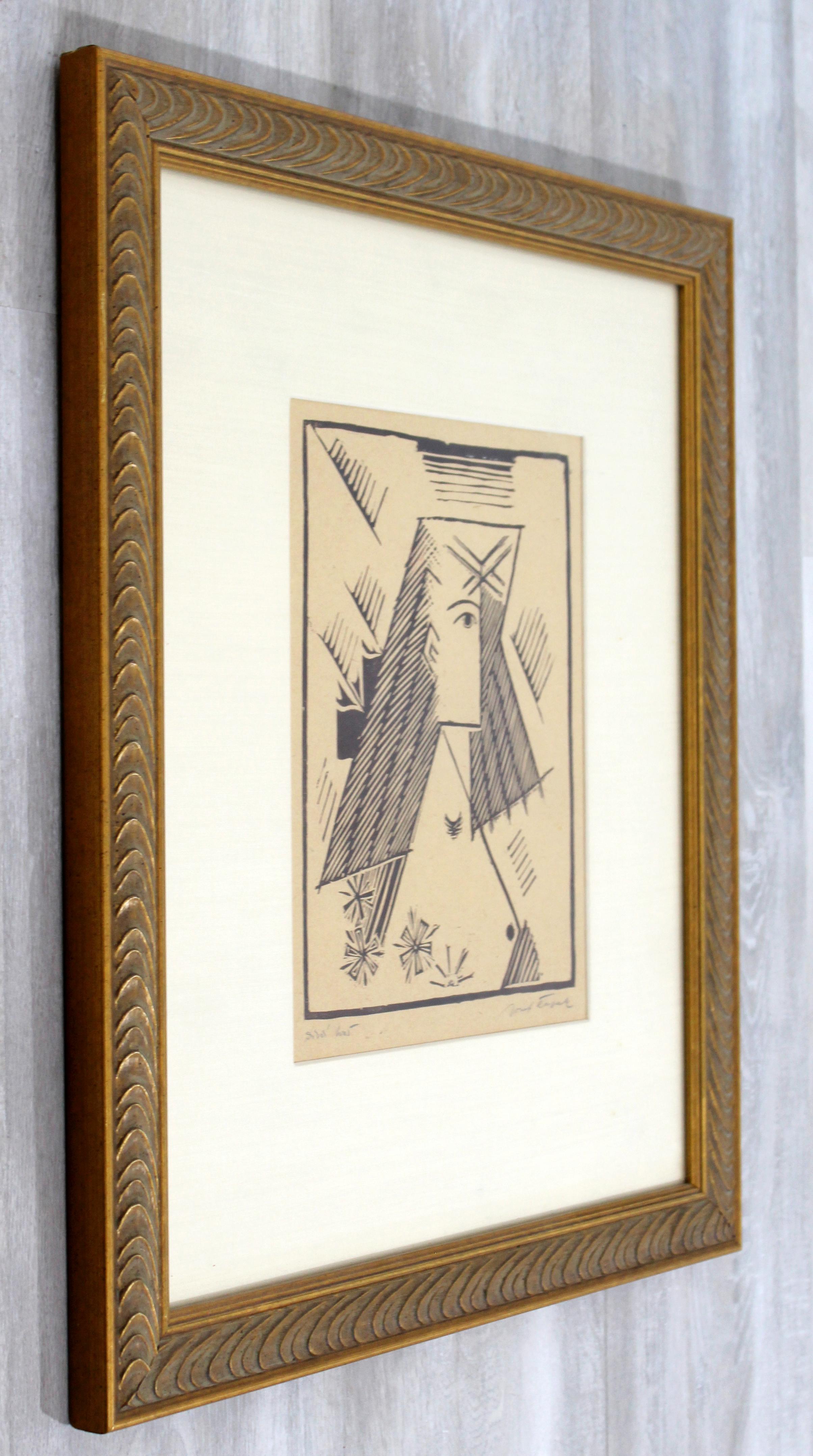 Mid-Century Modern Framed Josef Capek Linocut Lithograph Profile Portrait In Good Condition In Keego Harbor, MI