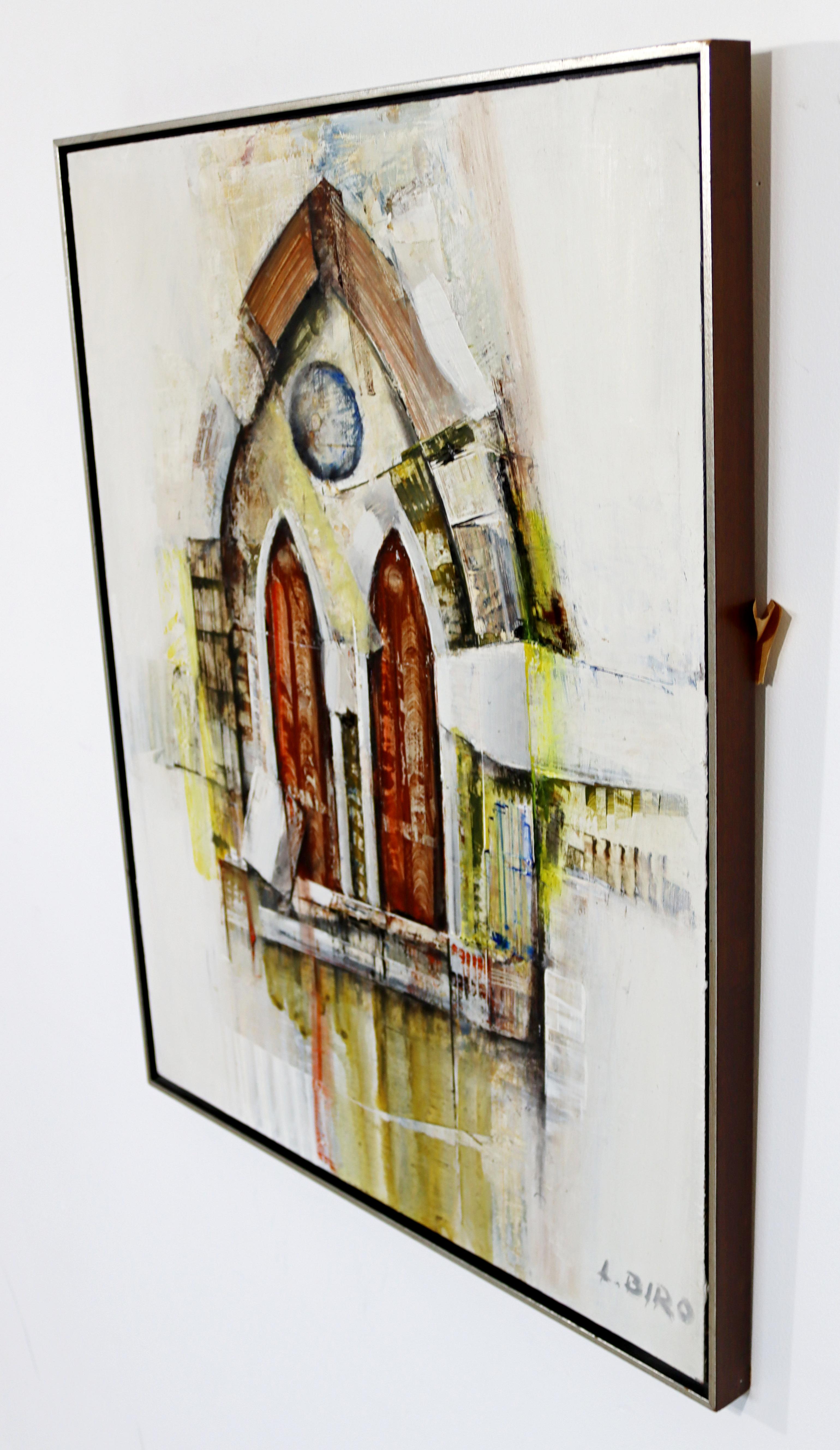 Late 20th Century Mid-Century Modern Framed L. Biro Signed Oil on Board Painting Chapel 1970s