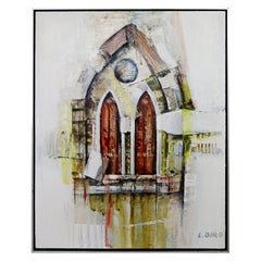 Mid-Century Modern Framed L. Biro Signed Oil on Board Painting Chapel 1970s