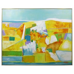 Mid-Century Modern Framed Large Abstract Acrylic Canvas Painting Lee Reynolds