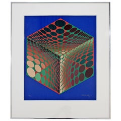 Vintage Mid-Century Modern Framed Litho Signed Numbered Op Art Print by Vasarely, 1970s