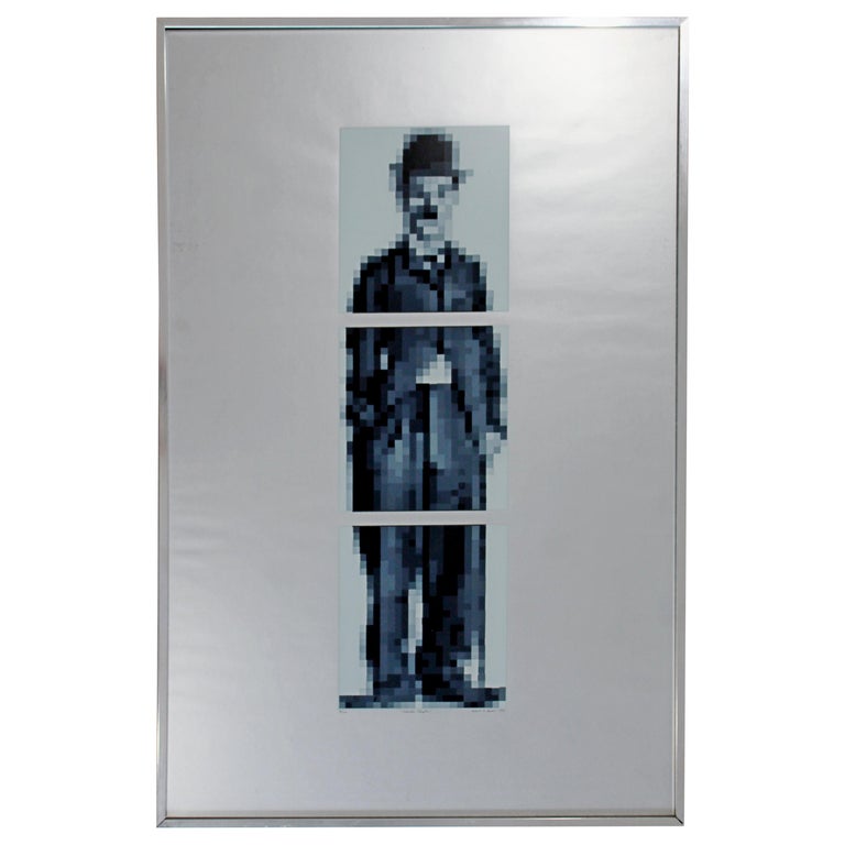 Mid-Century Modern Framed Lithograph Charlie Chaplin Signed Robert Hover, 1970s For Sale