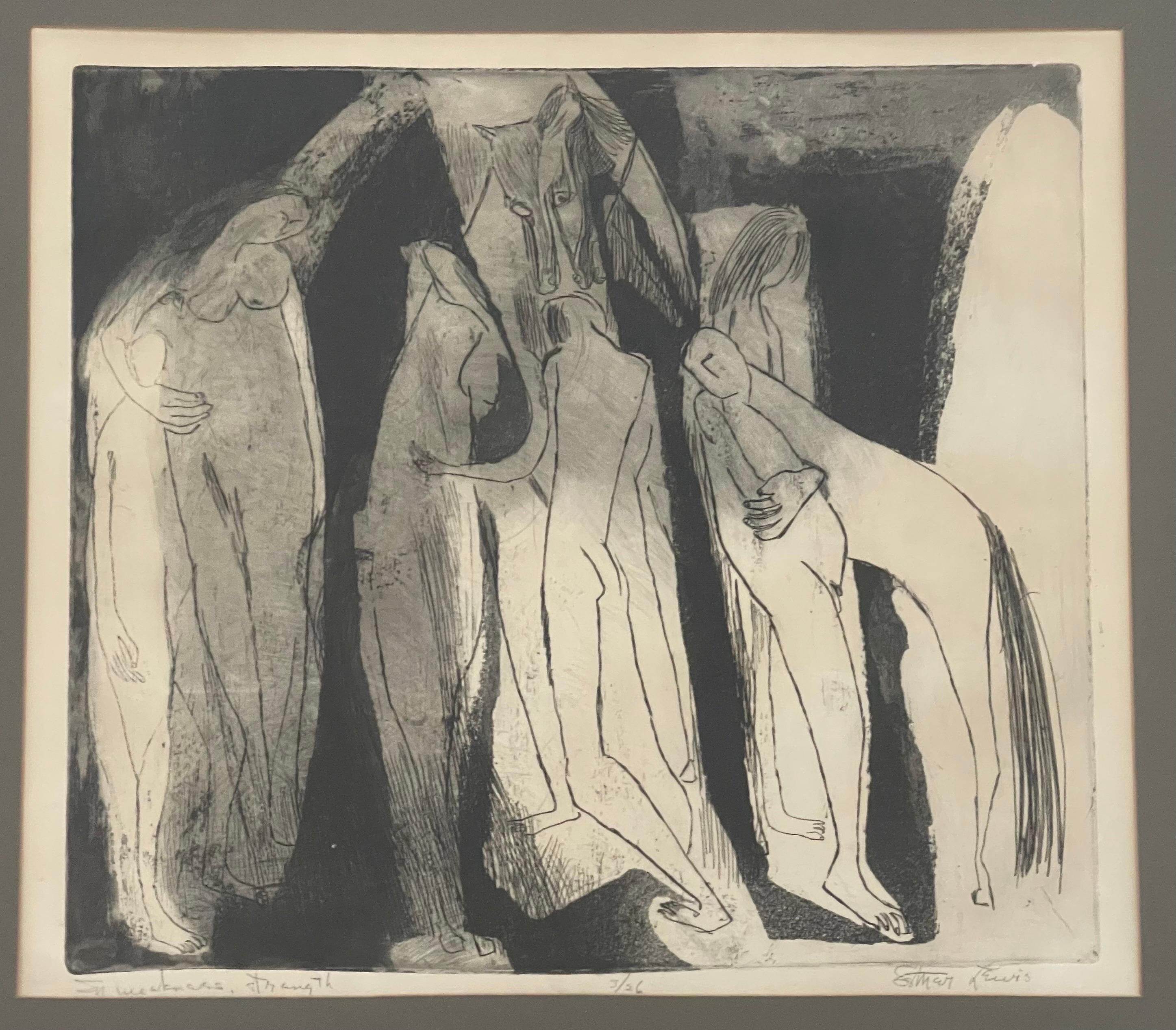 Mid-Century Modern Lithographie encadrée moderne du milieu du siècle « In Weakness, Strength » d'Esther Lewis en vente