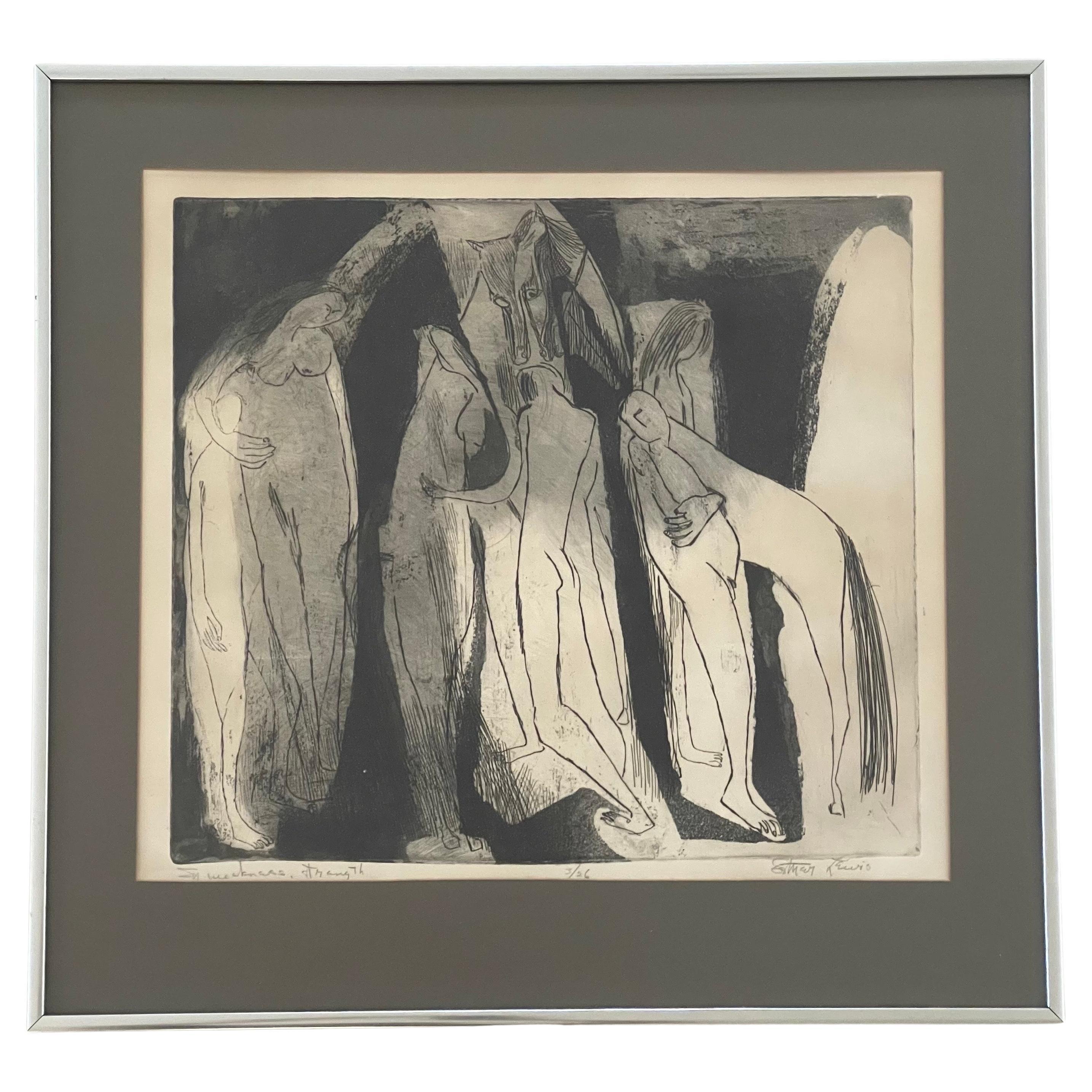 Mid-Century Modern Framed Lithograph "In Weakness, Strength" by Esther Lewis For Sale