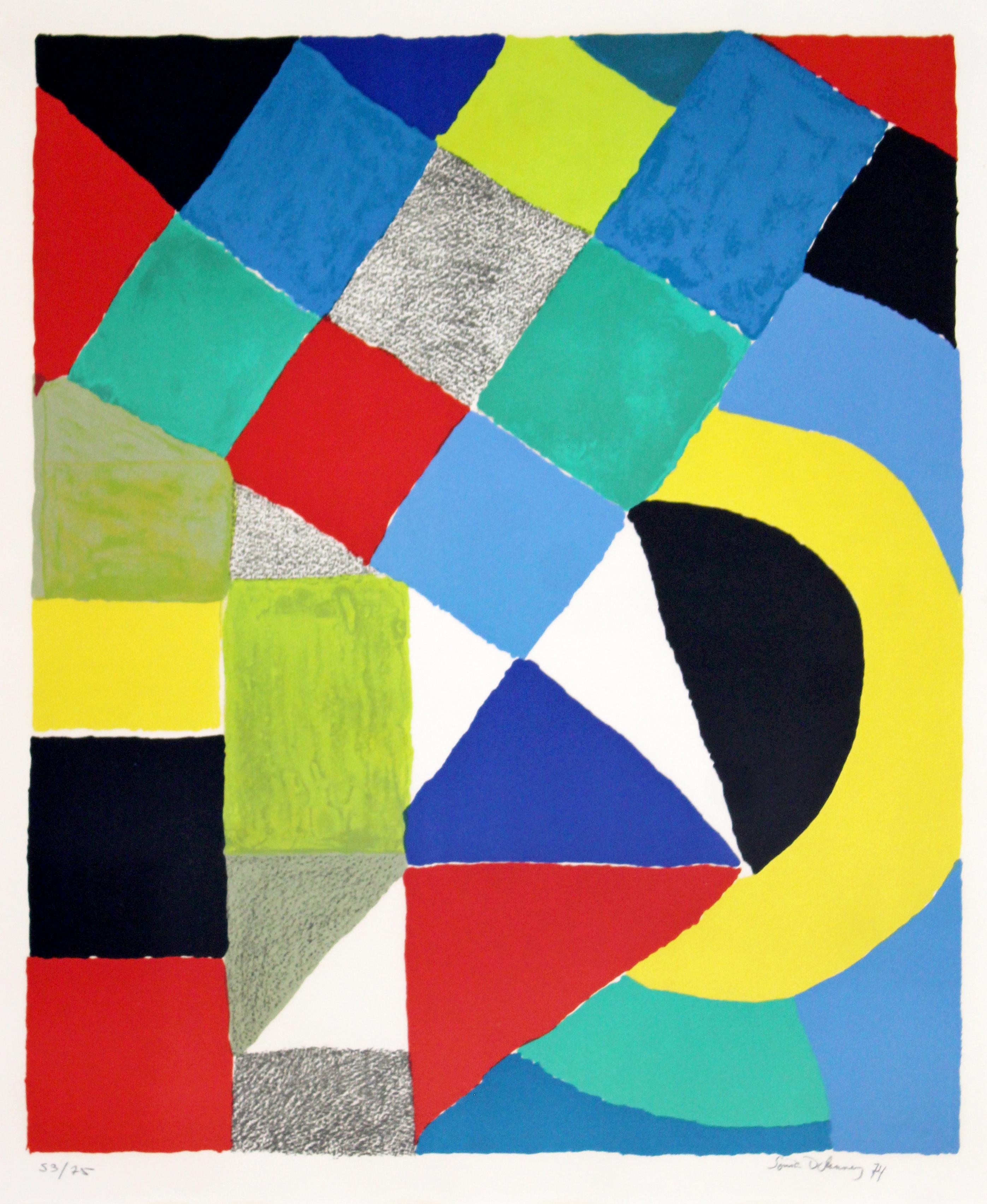For your consideration is a phenomenal, framed abstract lithograph, signed by Sonia Delaunay Arlequin, numbered 53/75 with 25 H.C. numbered in Roman numerals, dated 1974. In excellent condition. The dimensions of the frame are 27.5