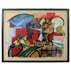Mid-Century Modern Framed Mixed Media Still Life Painting Collage Signed 1960s