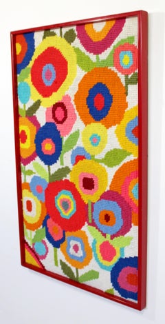 Mid-Century Modern Framed Needlepoint Fiber Wall Art Happy Flowers, 1970s