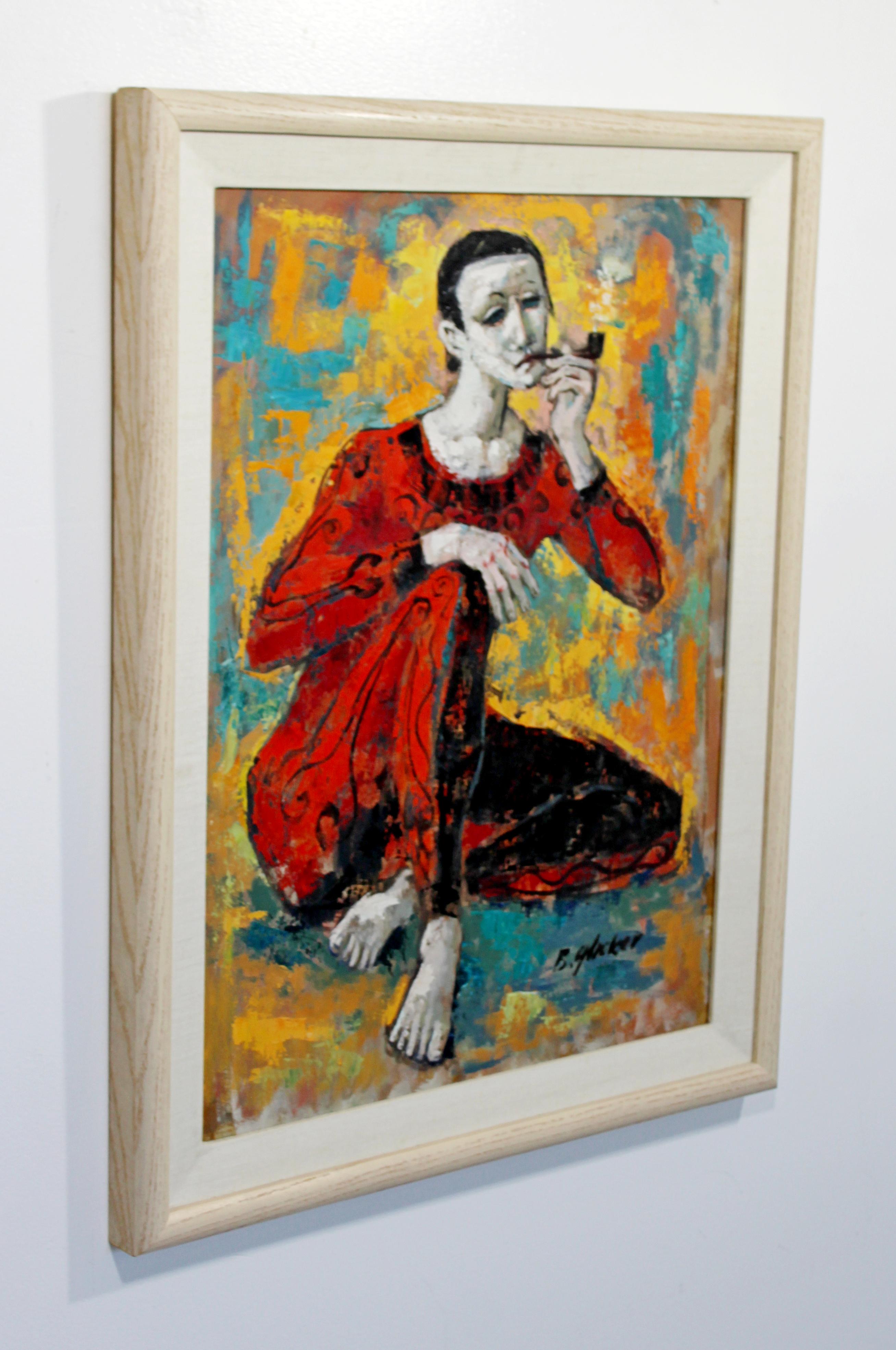 For your consideration is a unique, framed, oil on canvas painting of a figure smoking a pipe, signed by Benjamin Glicker. In excellent condition. The dimensions are 21.5