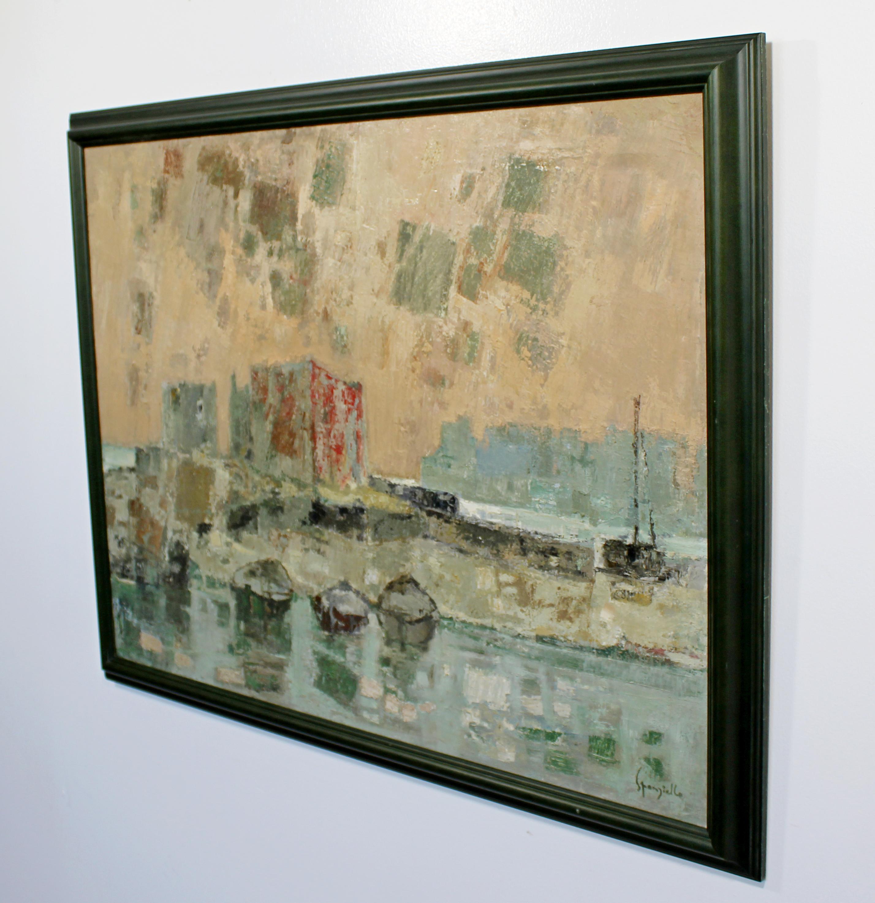 Mid-Century Modern Framed Oil Canvas Painting Signed Cosimo Sponziello 1963 Boat In Good Condition In Keego Harbor, MI