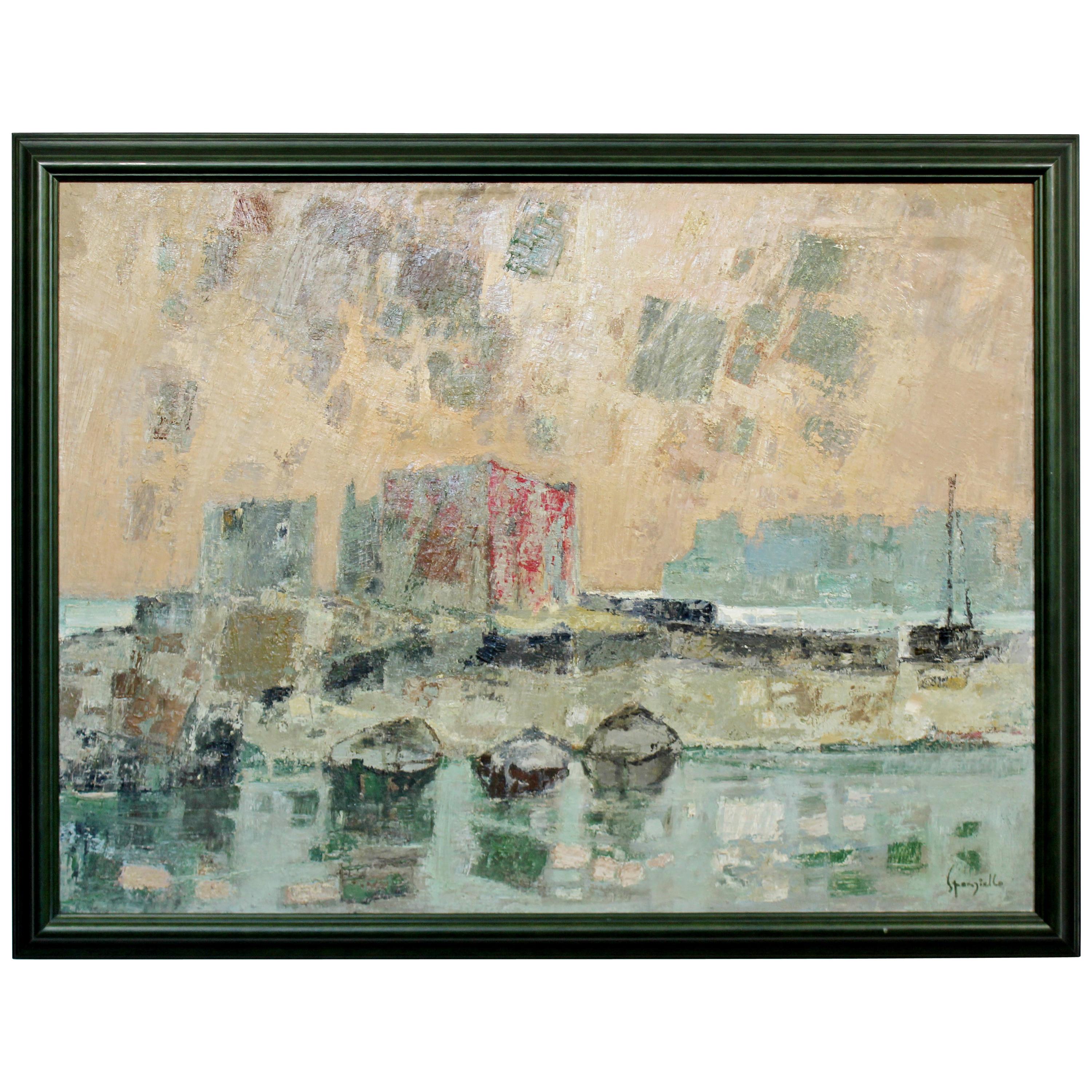 Mid-Century Modern Framed Oil Canvas Painting Signed Cosimo Sponziello 1963 Boat
