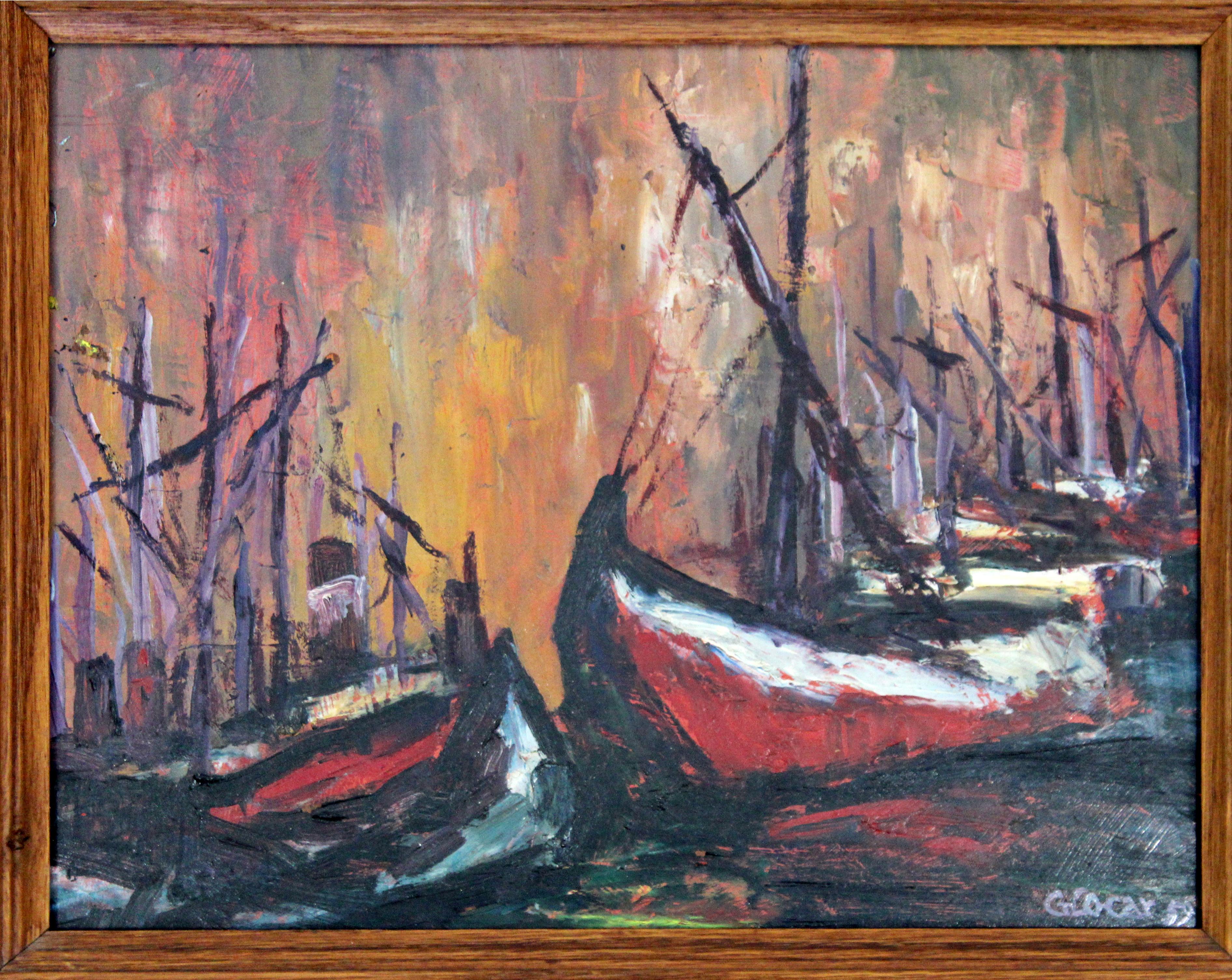 For your consideration is a beautiful, oil on board painting of ships, signed by Emilan Glocar, circa the 1970s. In excellent condition. The dimensions of the frame are 18
