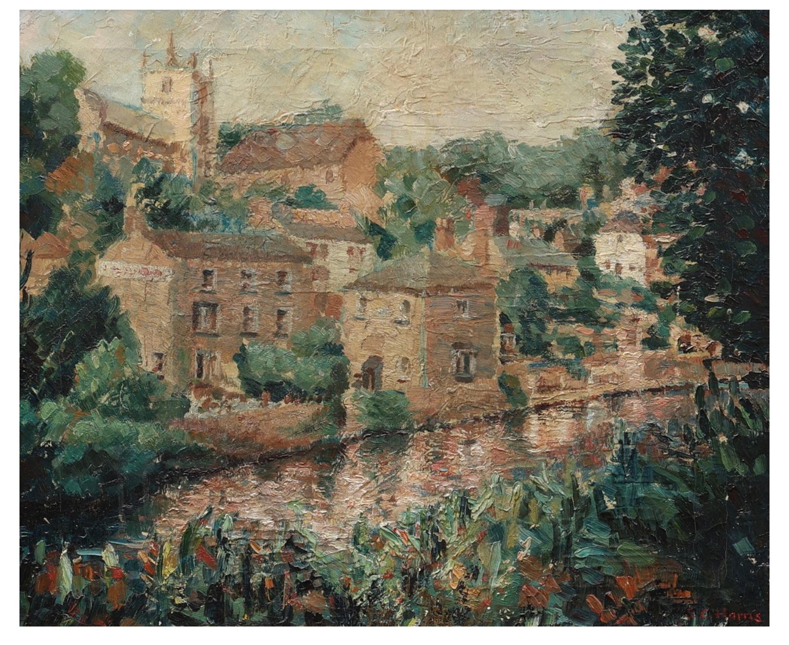 Country Mid Century Modern Framed Oil on Canvas of Knaresborough in North Yorkshire For Sale