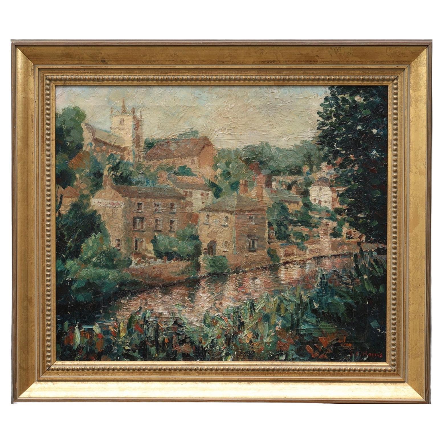 Mid Century Modern Framed Oil on Canvas of Knaresborough in North Yorkshire