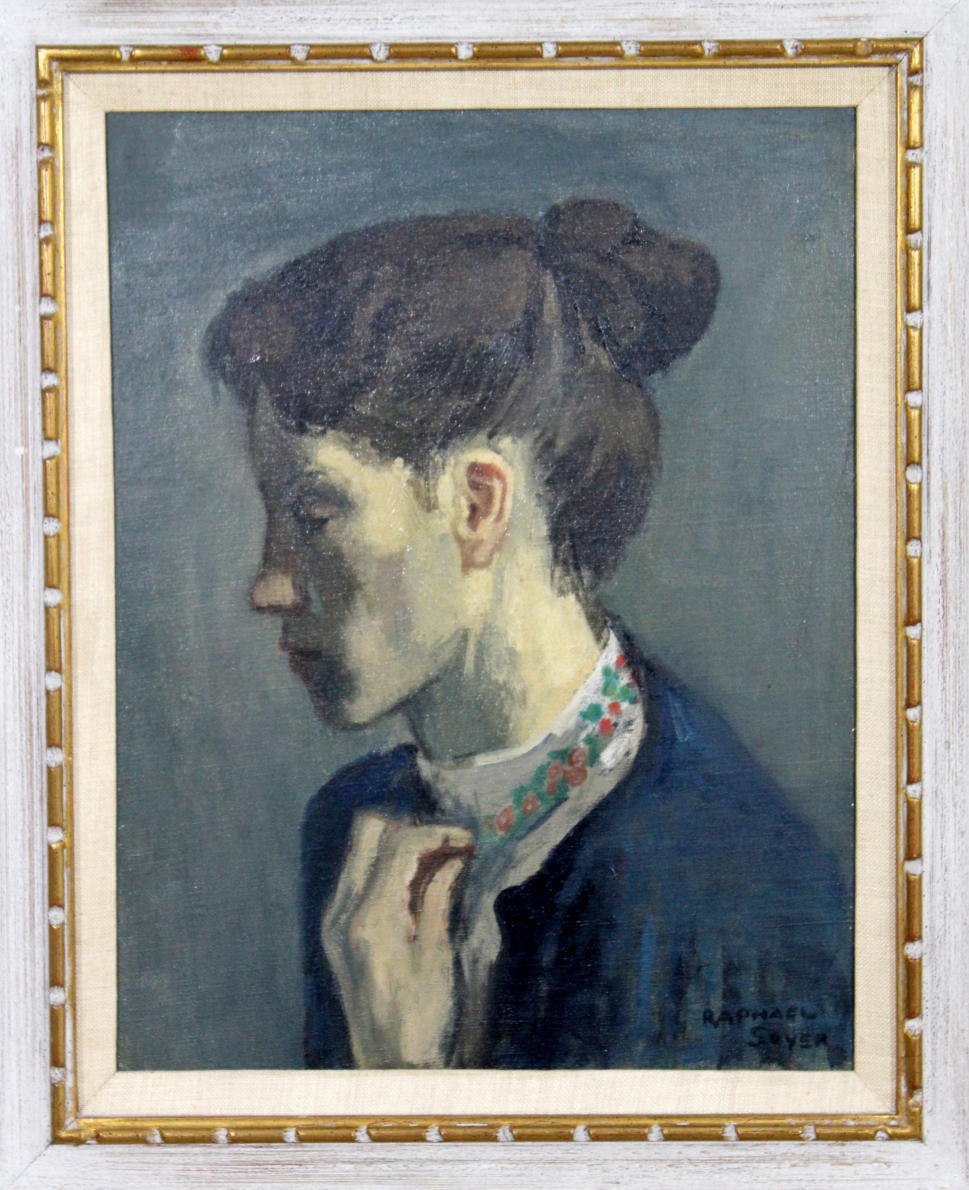 For your consideration is an emotional, framed portrait, done in oil on canvas, signed by Raphael Soyer. In excellent condition. The dimensions of the frame are 20.5