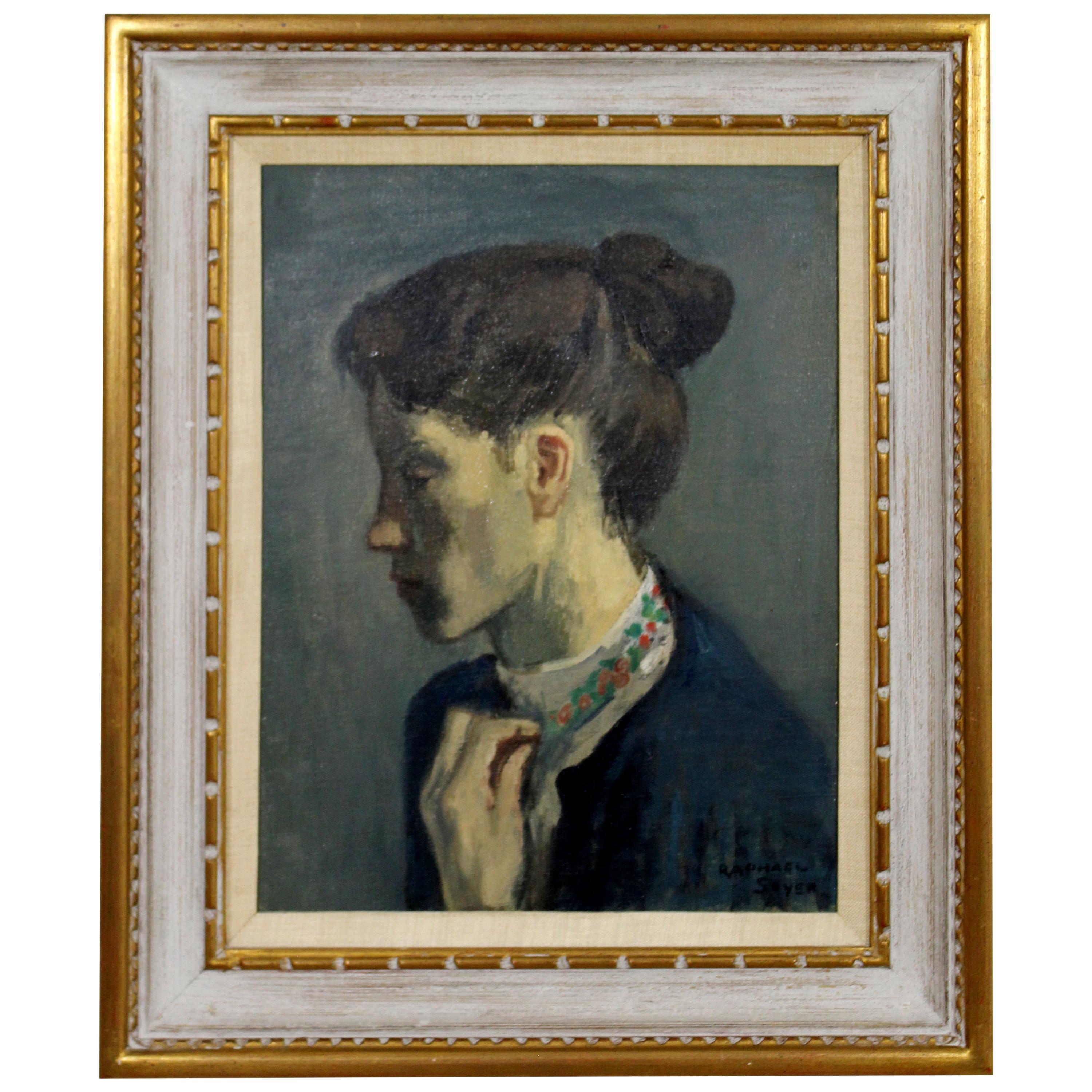 Mid-Century Modern Framed Oil on Canvas Painting Portrait Signed Raphael Soyer