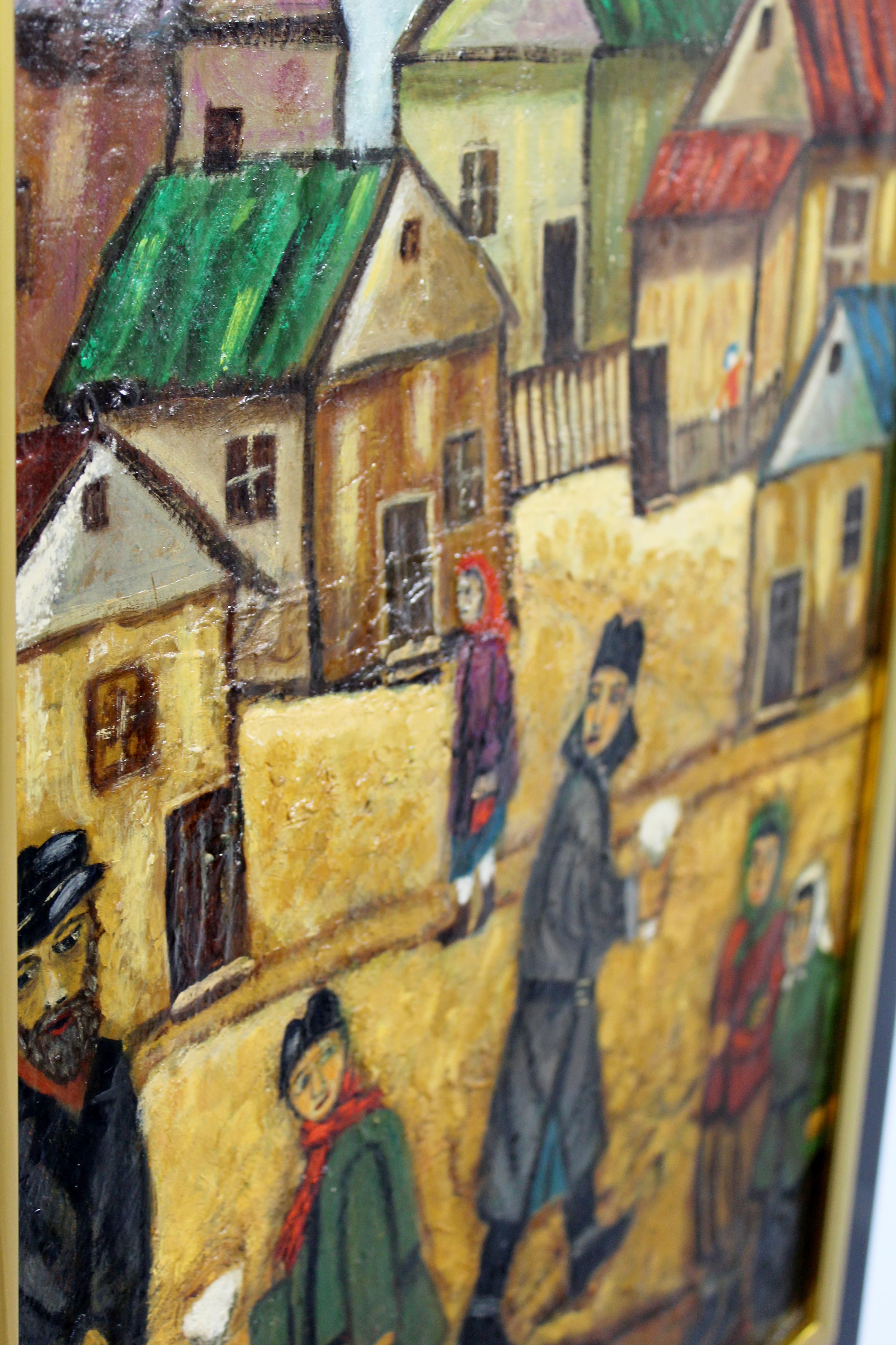 Milieu du XXe siècle Huile sur toile encadrée moderne du milieu du siècle dernier représentant une scène, signée par Sol Selwan, 1962 en vente