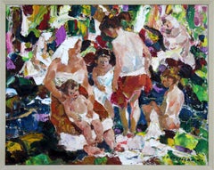 Lienzo al óleo moderno de mediados de siglo enmarcado por John E. Costigan Los bañistas